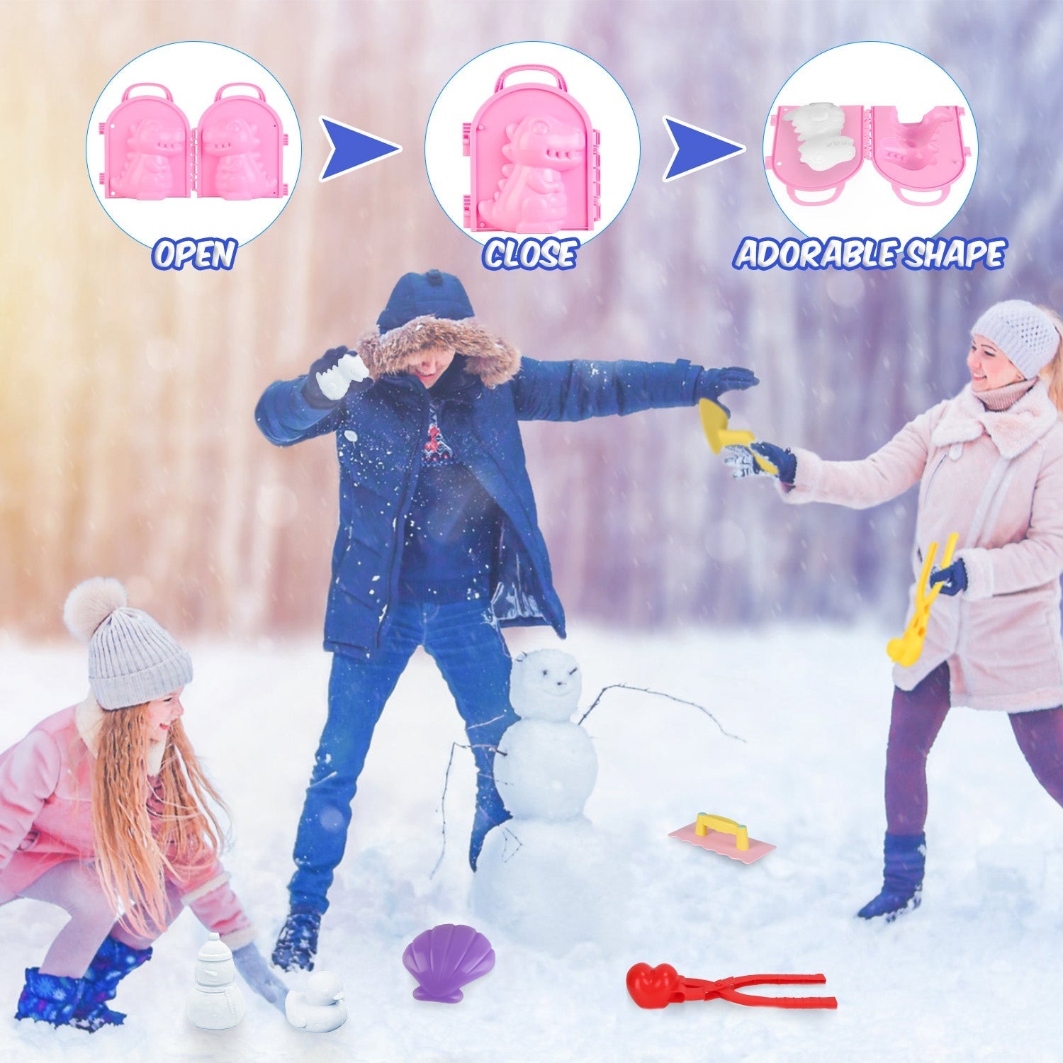 15Pcs Winter Snowball Tool Kit Kids Snow Molds Outdoor Snow Beach Toys for Kids Toddlers Adults Snowman Snowflake Duck Dinosaur