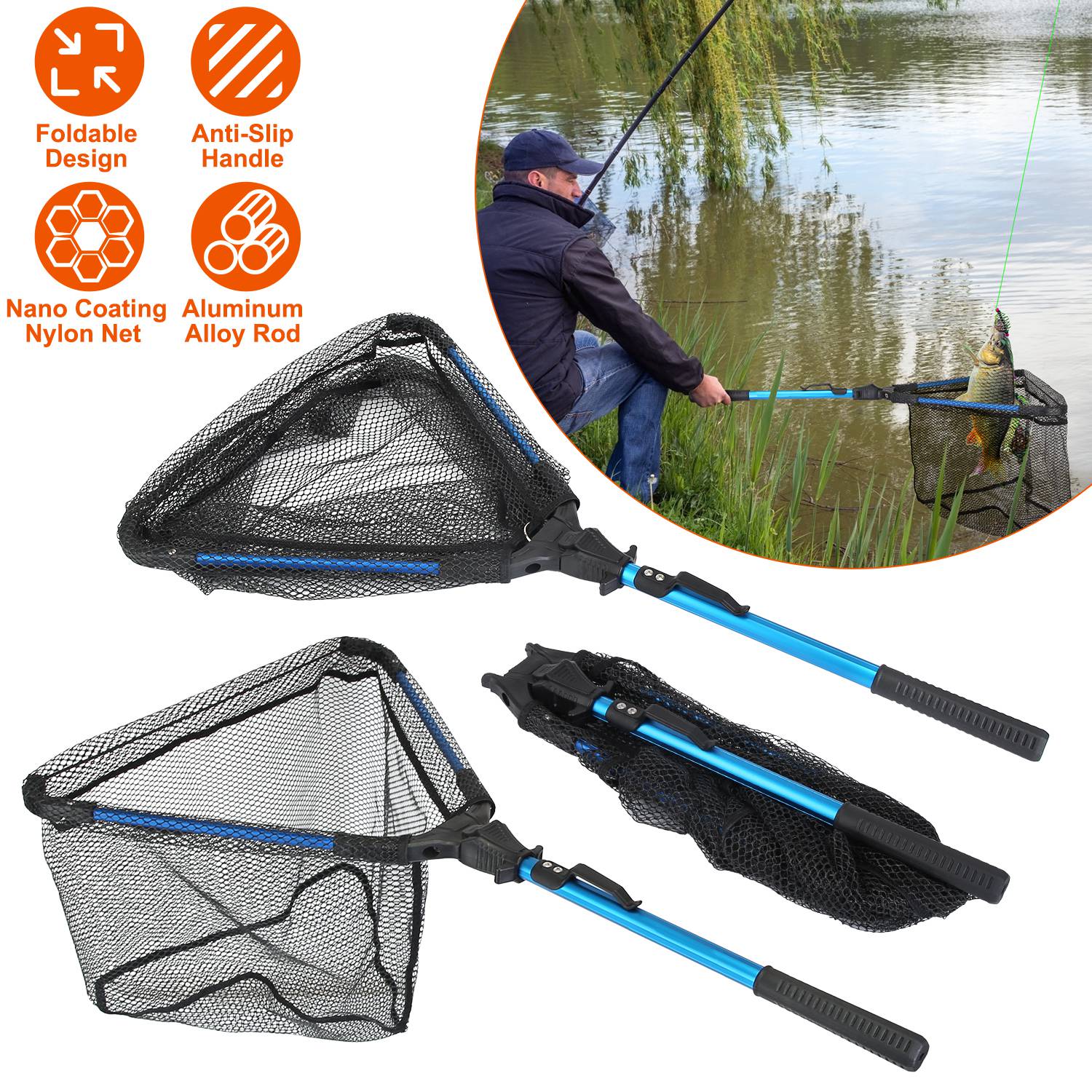 Foldable Fishing Net with Aluminum Handle and Nano Coating