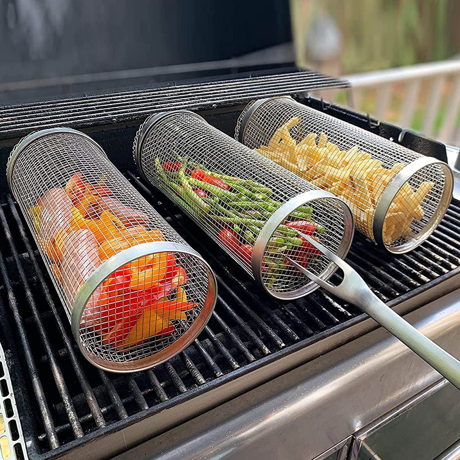 Rolling Grilling Basket Metal BBQ Barbecue Basket Outdoor Camping Barbecue Rack