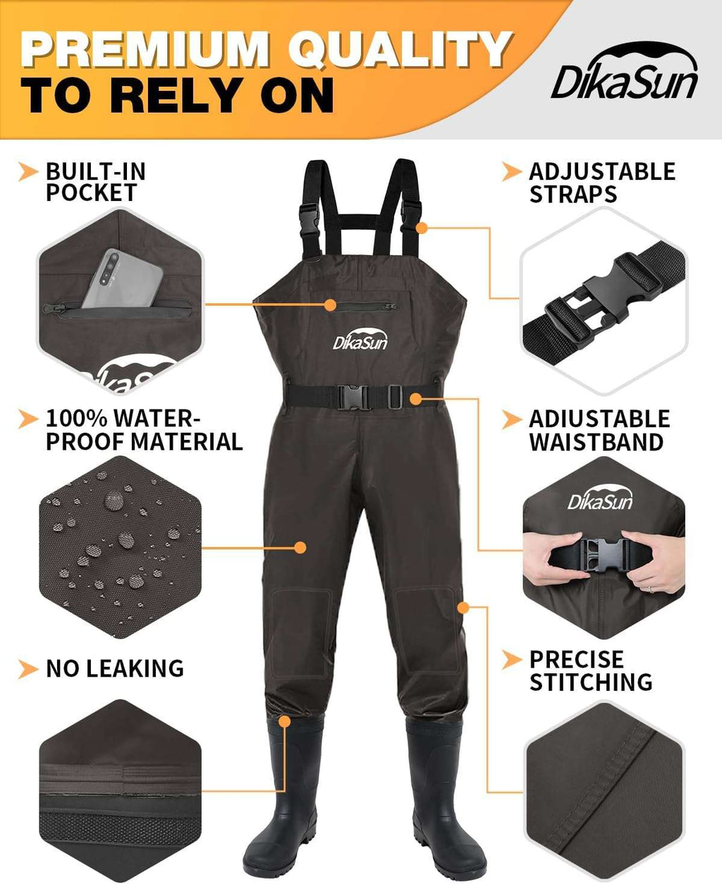DikaSun Lightweight Bootfoot Chest Waders with Boots — Men & Women Fishing Waders