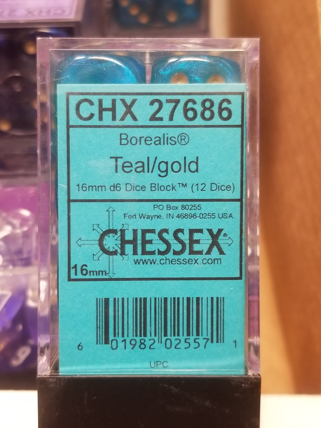CHX 27686 16mm Block Borealis Teal w/ Gold Pips Dice Set | OOP New Glitter