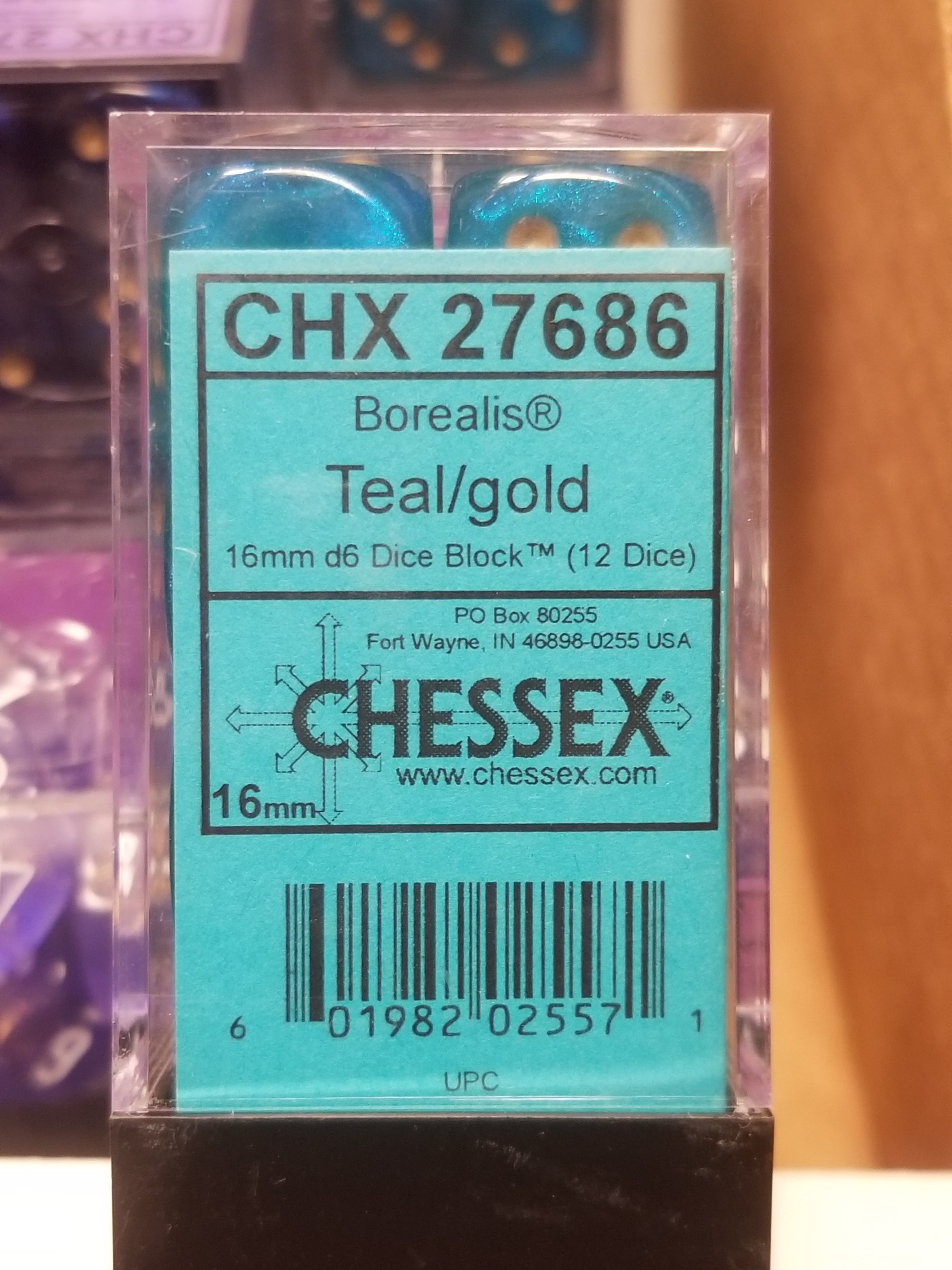 CHX 27686 16mm Block Borealis Teal w/ Gold Pips Dice Set | OOP New Glitter