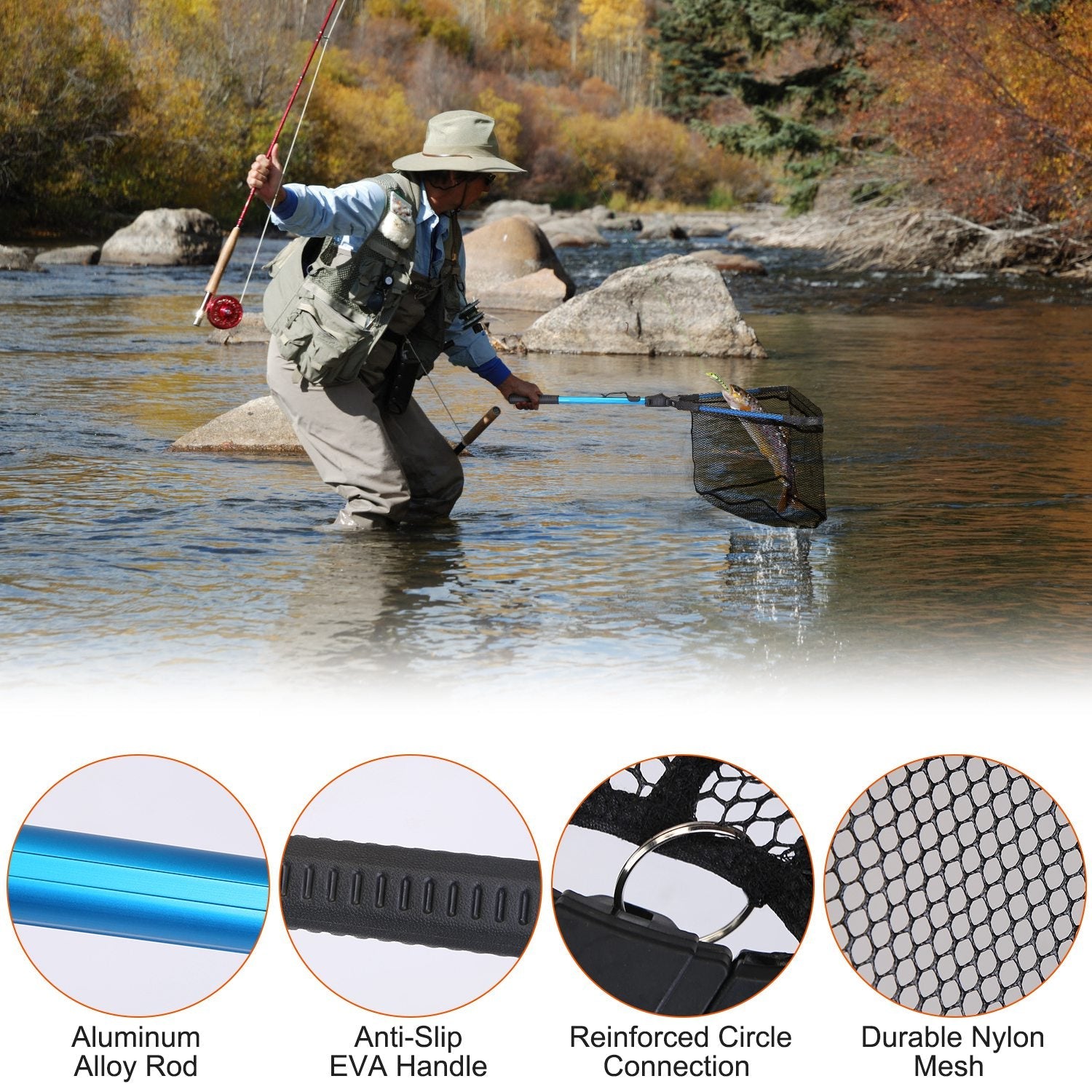 Foldable Fishing Net with Aluminum Handle and Nano Coating