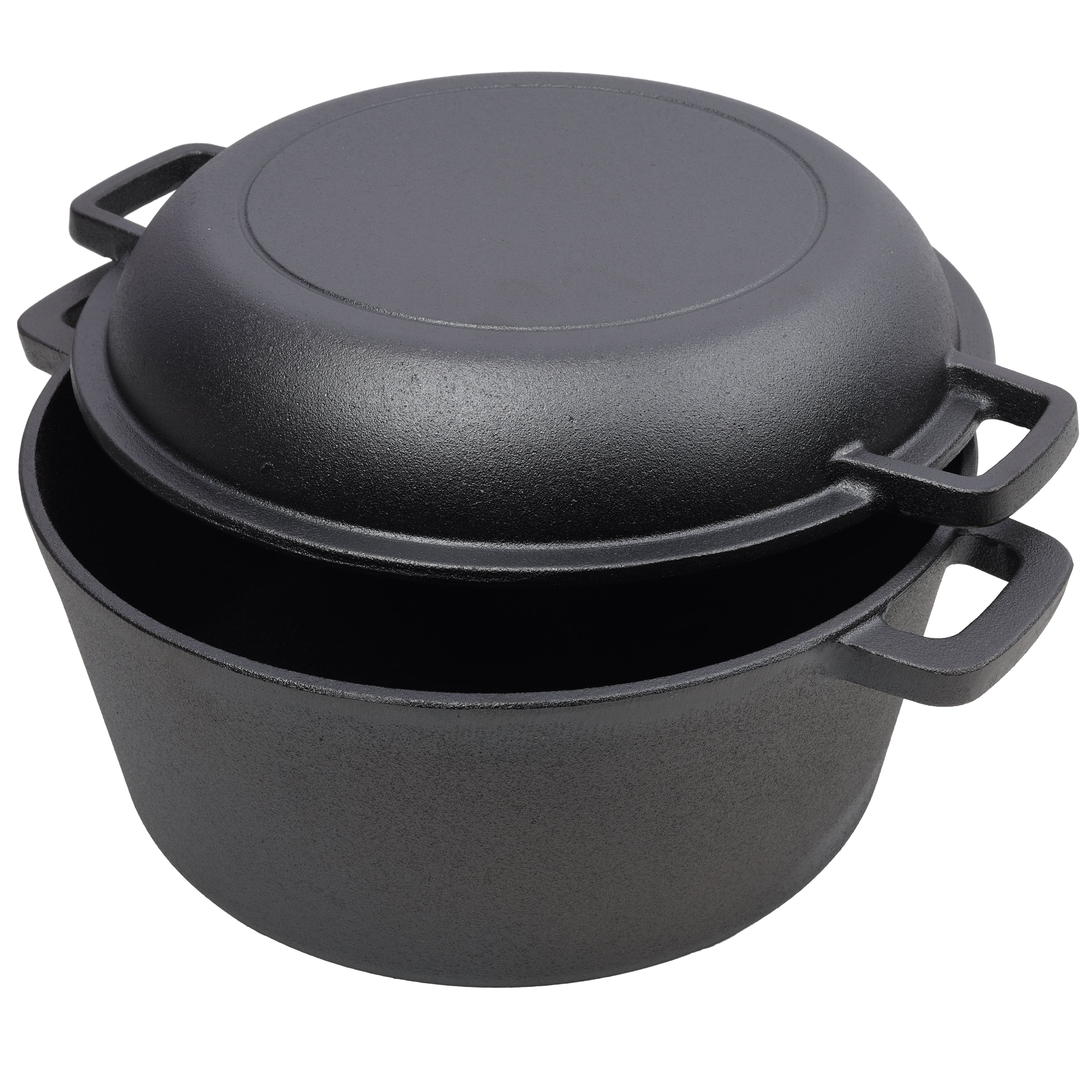 2 in 1 Pre-Seasoned Cast Iron Dutch Oven With Dual Handles, Outdoor Camping Deep Pot for Camping Fireplace Cooking BBQ Baking Campfire, 5 Quart.With 2pcs Silicone Handel Covers.