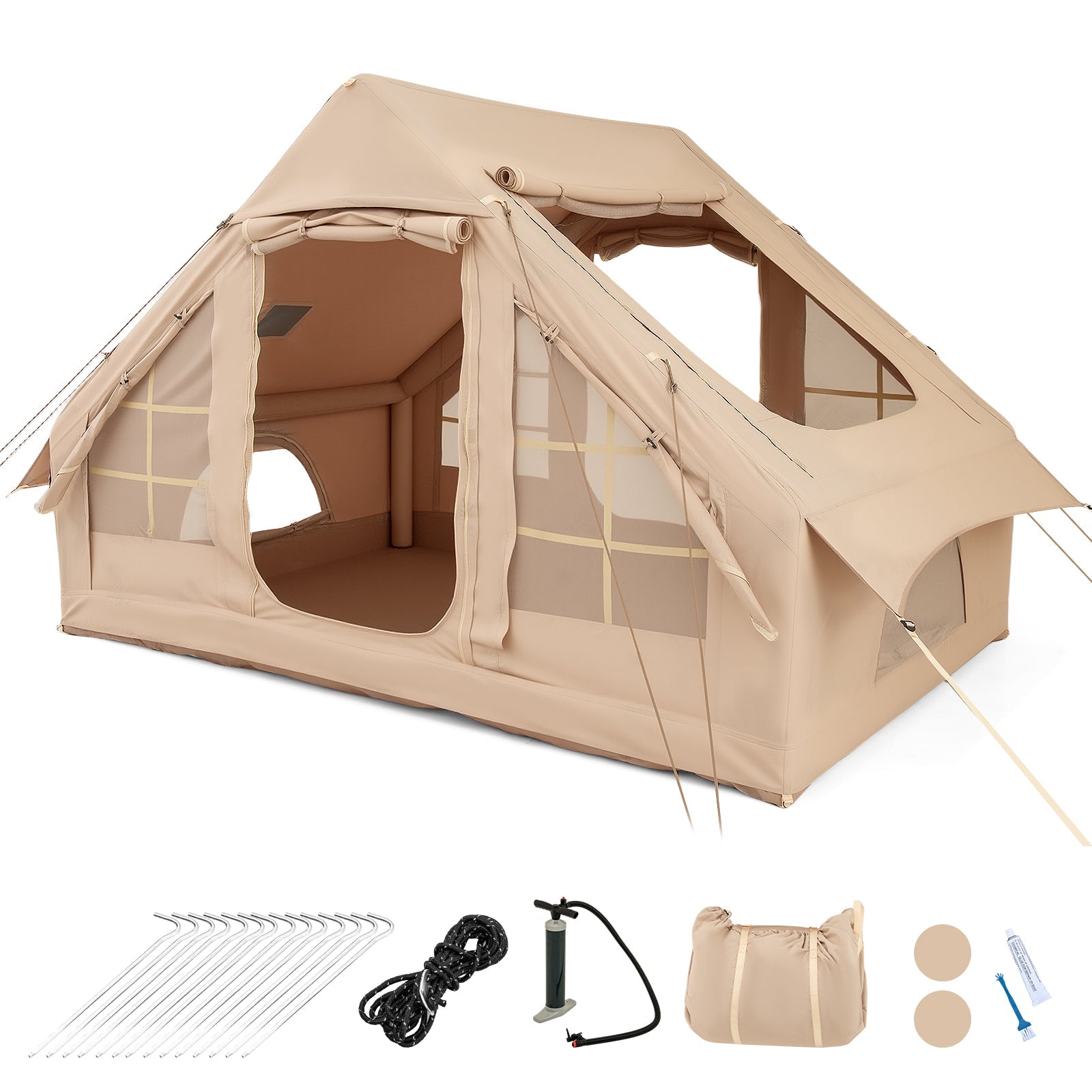 4-6 People Inflatable Camping Tent with 4 Mesh Screen Windows and 2 Doors
