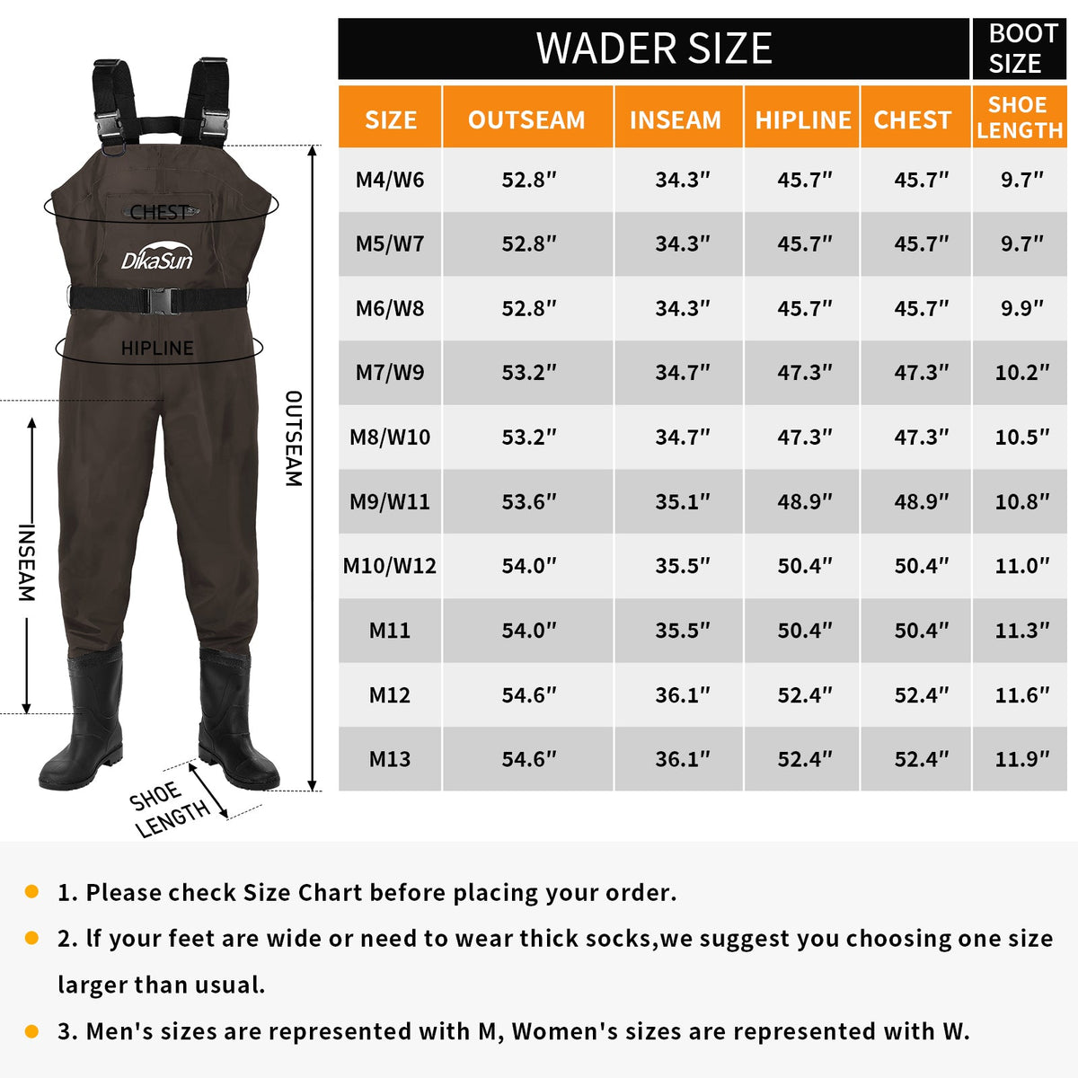 DikaSun Lightweight Bootfoot Chest Waders with Boots — Men & Women Fishing Waders