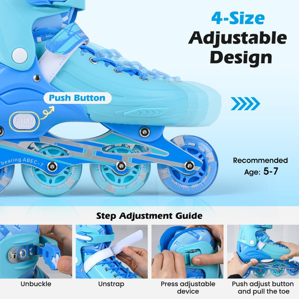 4-Size Adjustable Light-Up Inline Skates for Toddlers Ages 5-7