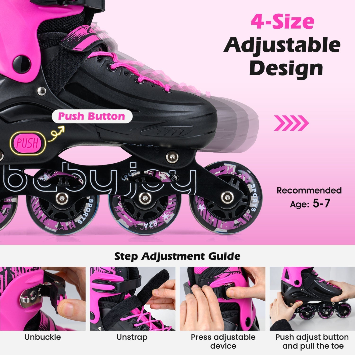 4-Size Adjustable Light-Up Inline Skates for Toddlers Ages 5-7