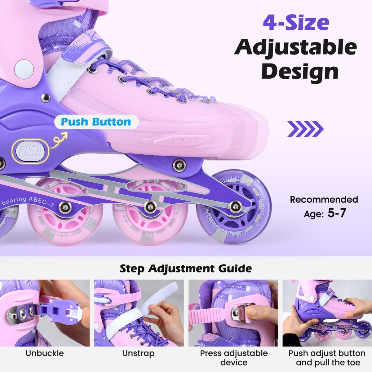 4-Size Adjustable Light-Up Inline Skates for Toddlers Ages 5-7