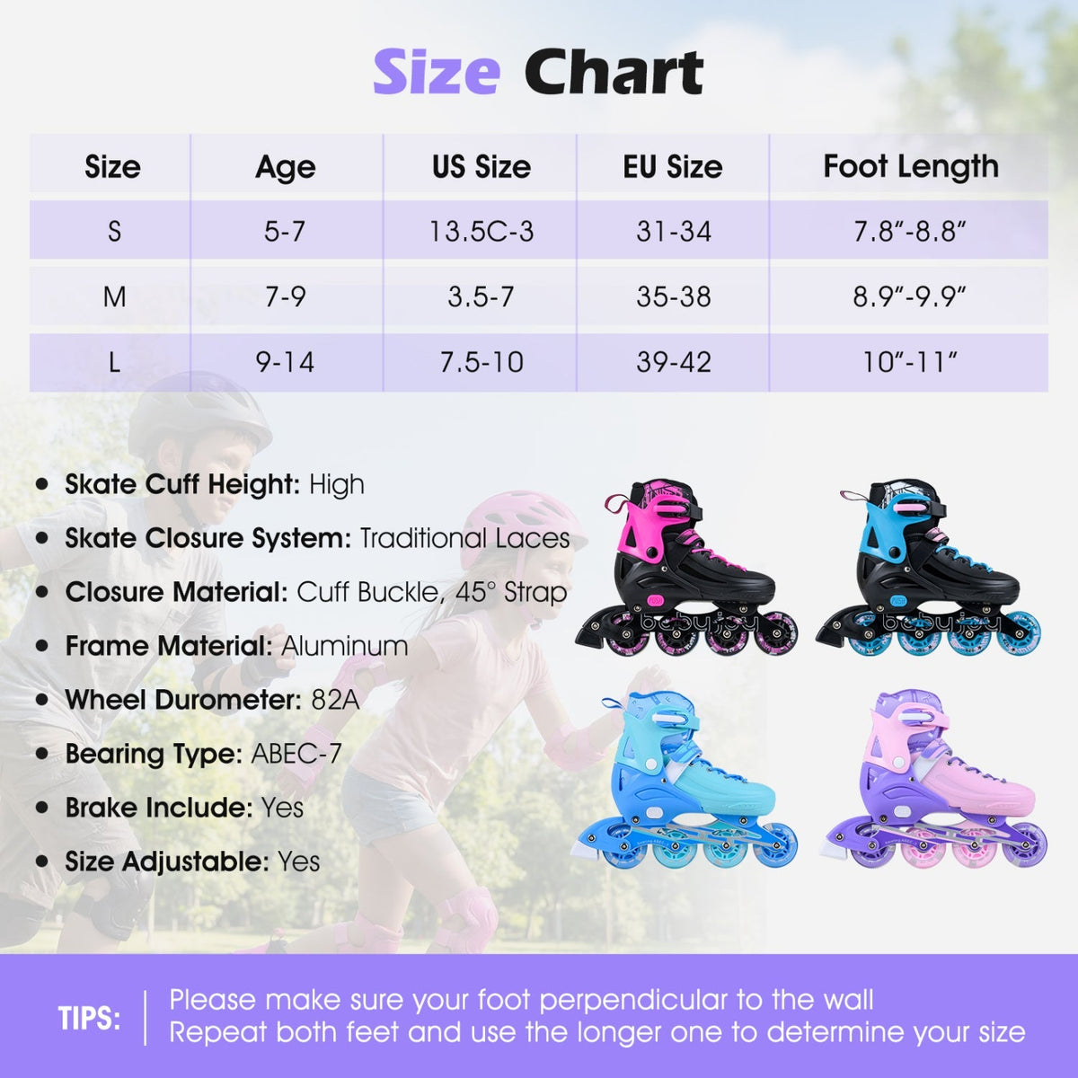 4-Size Adjustable Light-Up Inline Skates for Toddlers Ages 5-7
