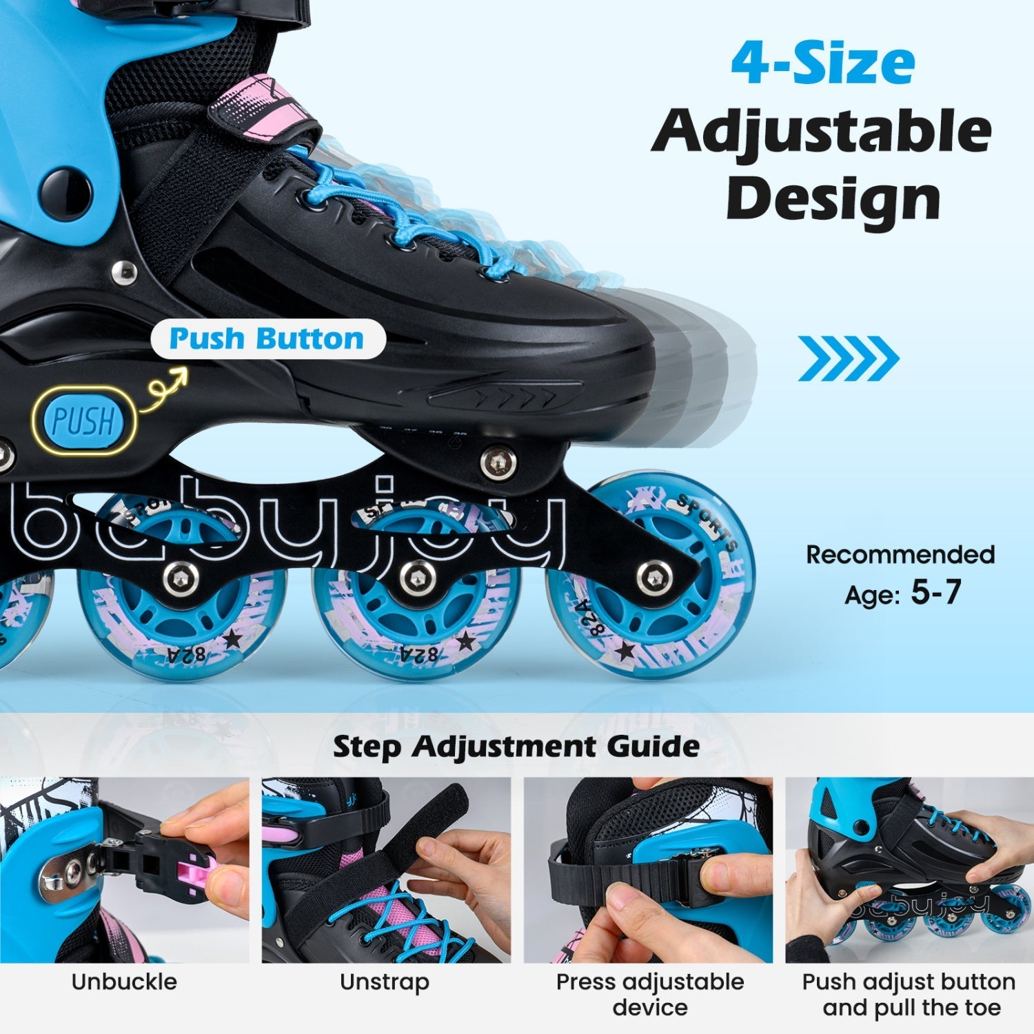 4-Size Adjustable Light-Up Inline Skates for Toddlers Ages 5-7