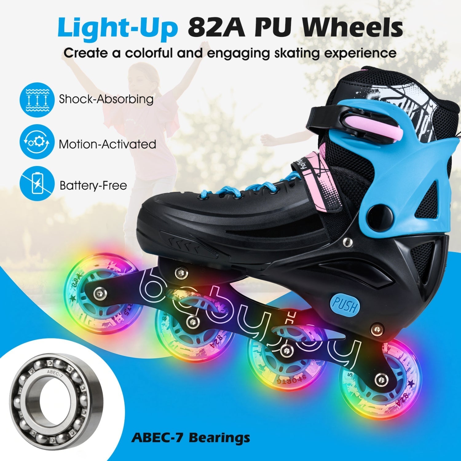 4-Size Adjustable Light-Up Inline Skates for Toddlers Ages 5-7