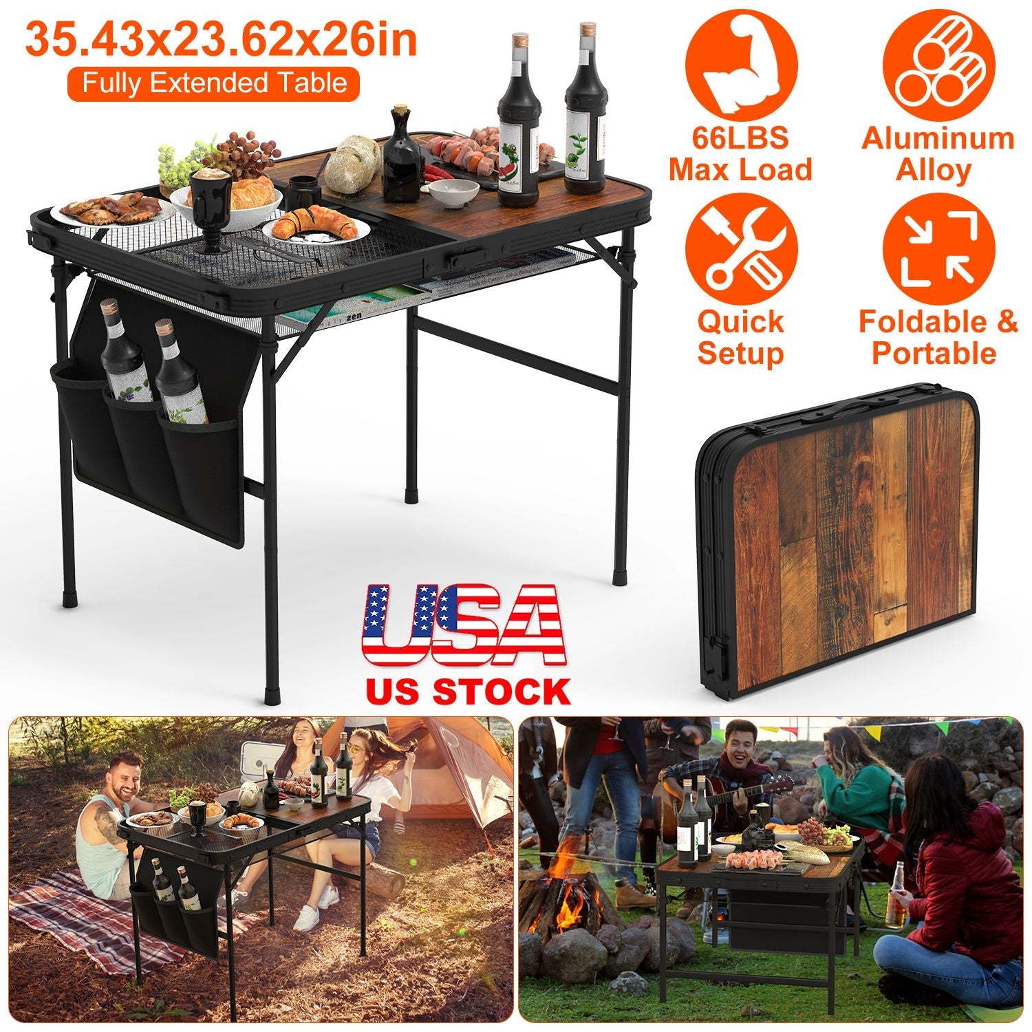 Foldable Camping Table Collapsible Aluminum Alloy Grill Stand Height Adjustable