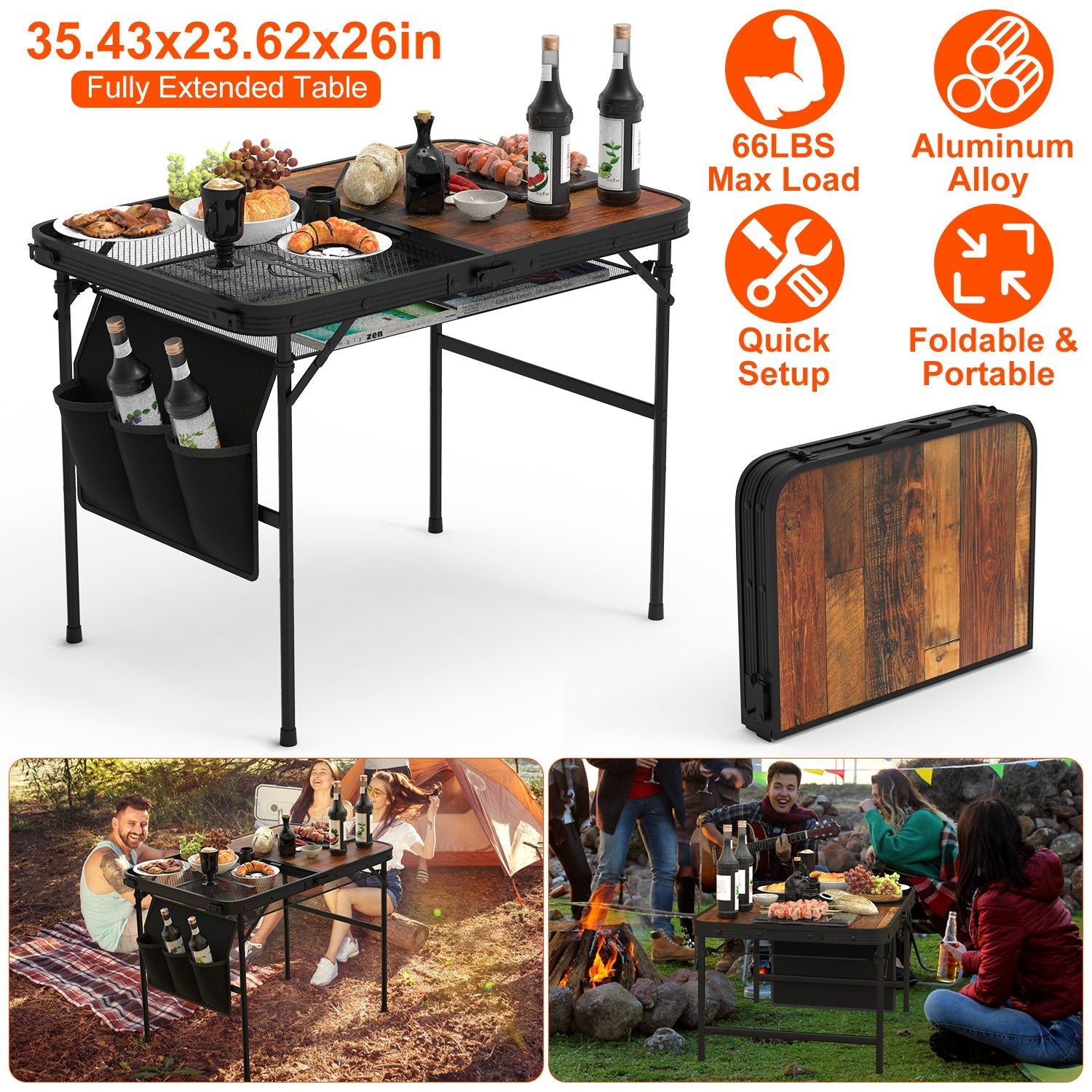 Foldable Camping Table Collapsible Aluminum Alloy Grill Stand Height Adjustable