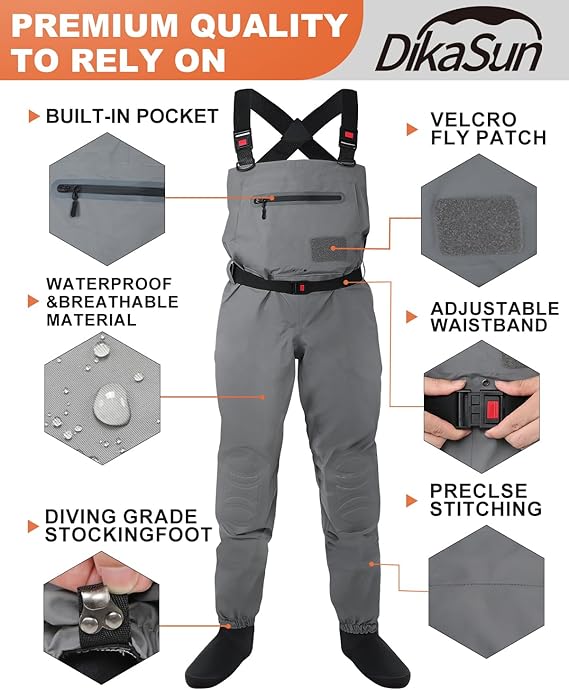 DikaSun Breathable Stocking Foot Waders for Fly Fishing (Lightweight Unisex Design)