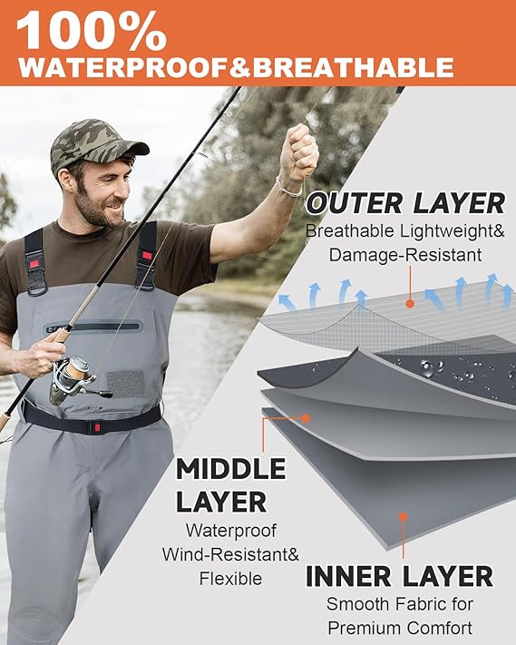 DikaSun Breathable Stocking Foot Waders for Fly Fishing (Lightweight Unisex Design)