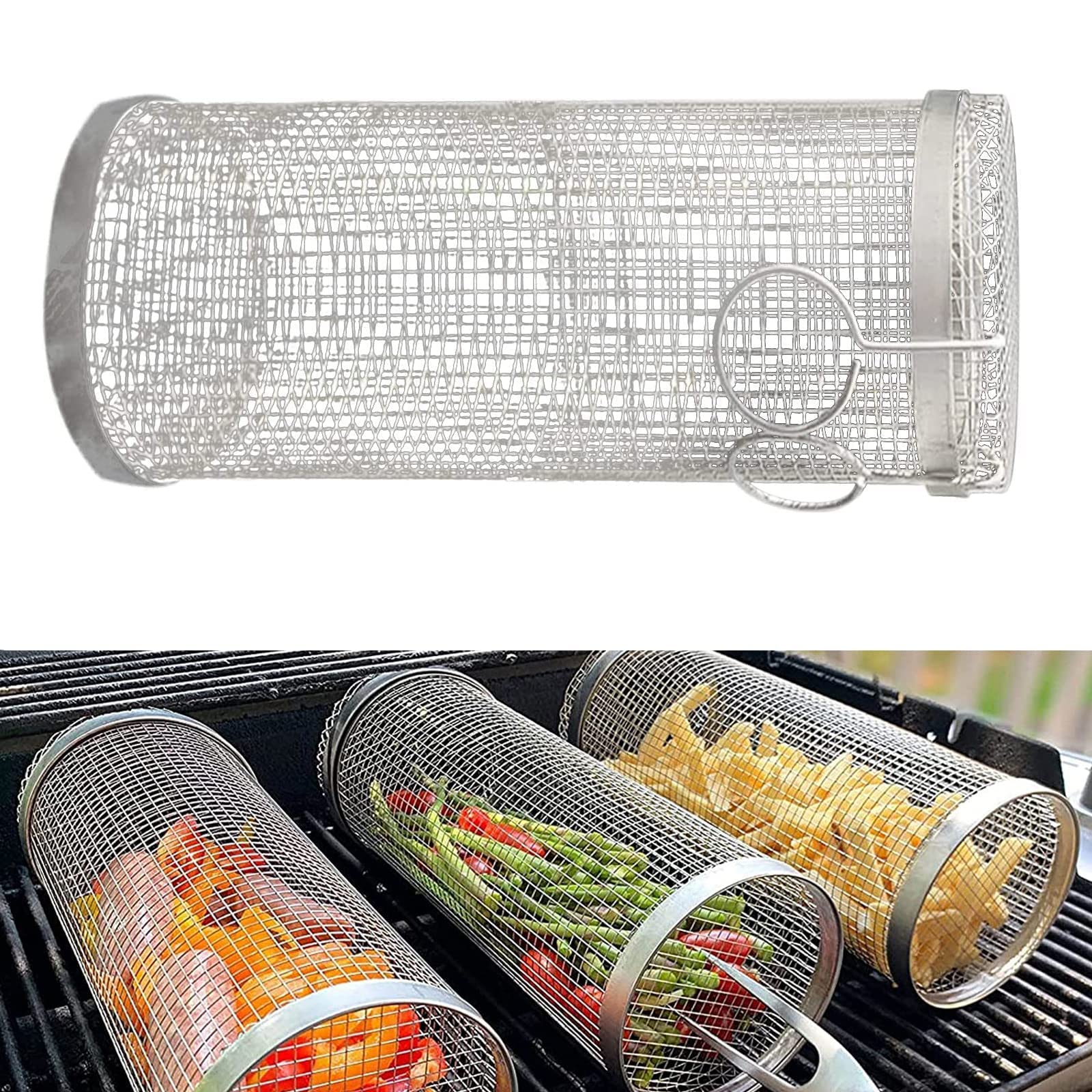 Rolling Grilling Basket Metal BBQ Barbecue Basket Outdoor Camping Barbecue Rack
