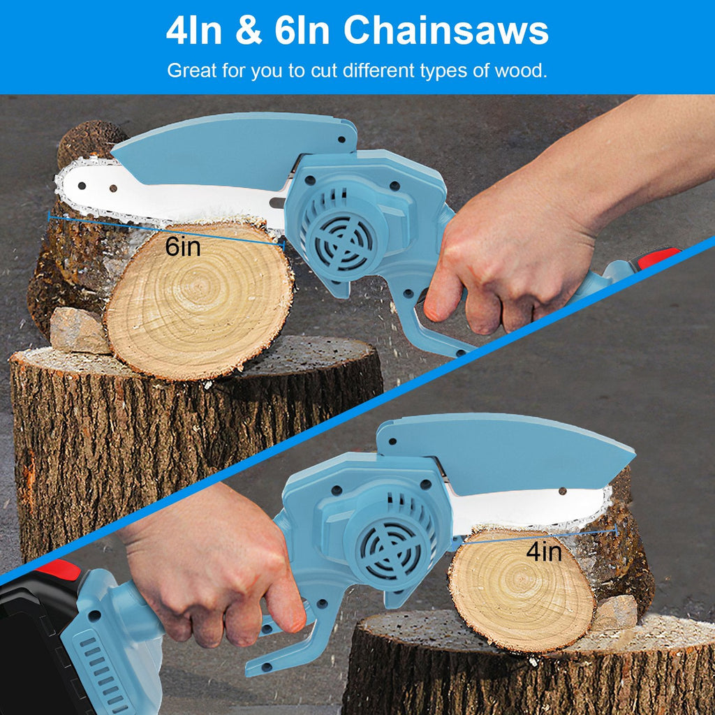 Electric Mini Chainsaw Portable Handheld Cordless Small Chain Saw Battery Powered with 2Pcs 2200mAh Rechargeable Batteries 4in/6in Chains for Pruning