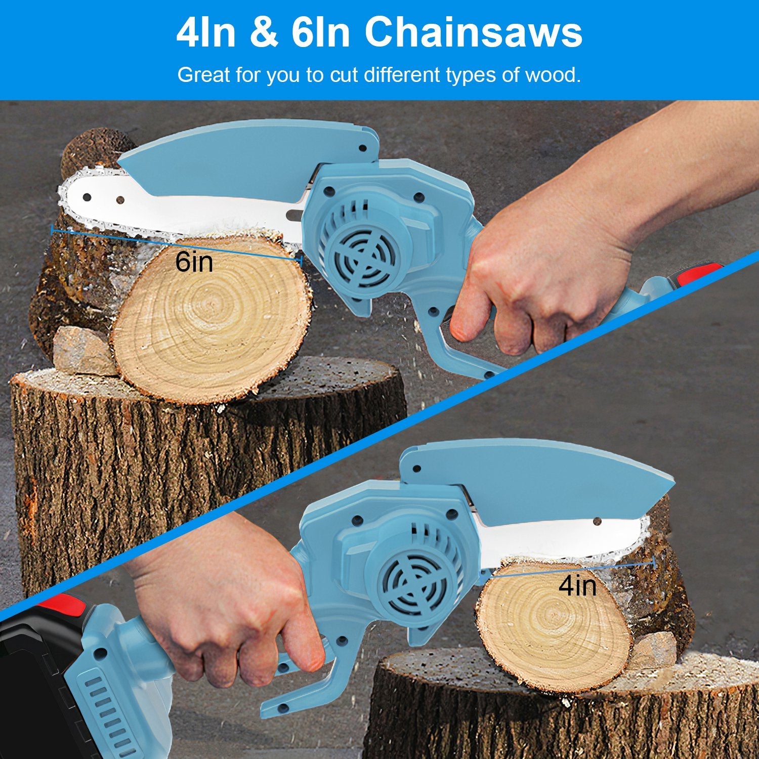 Electric Mini Chainsaw Portable Handheld Cordless Small Chain Saw Battery Powered with 2Pcs 2200mAh Rechargeable Batteries 4in/6in Chains for Pruning