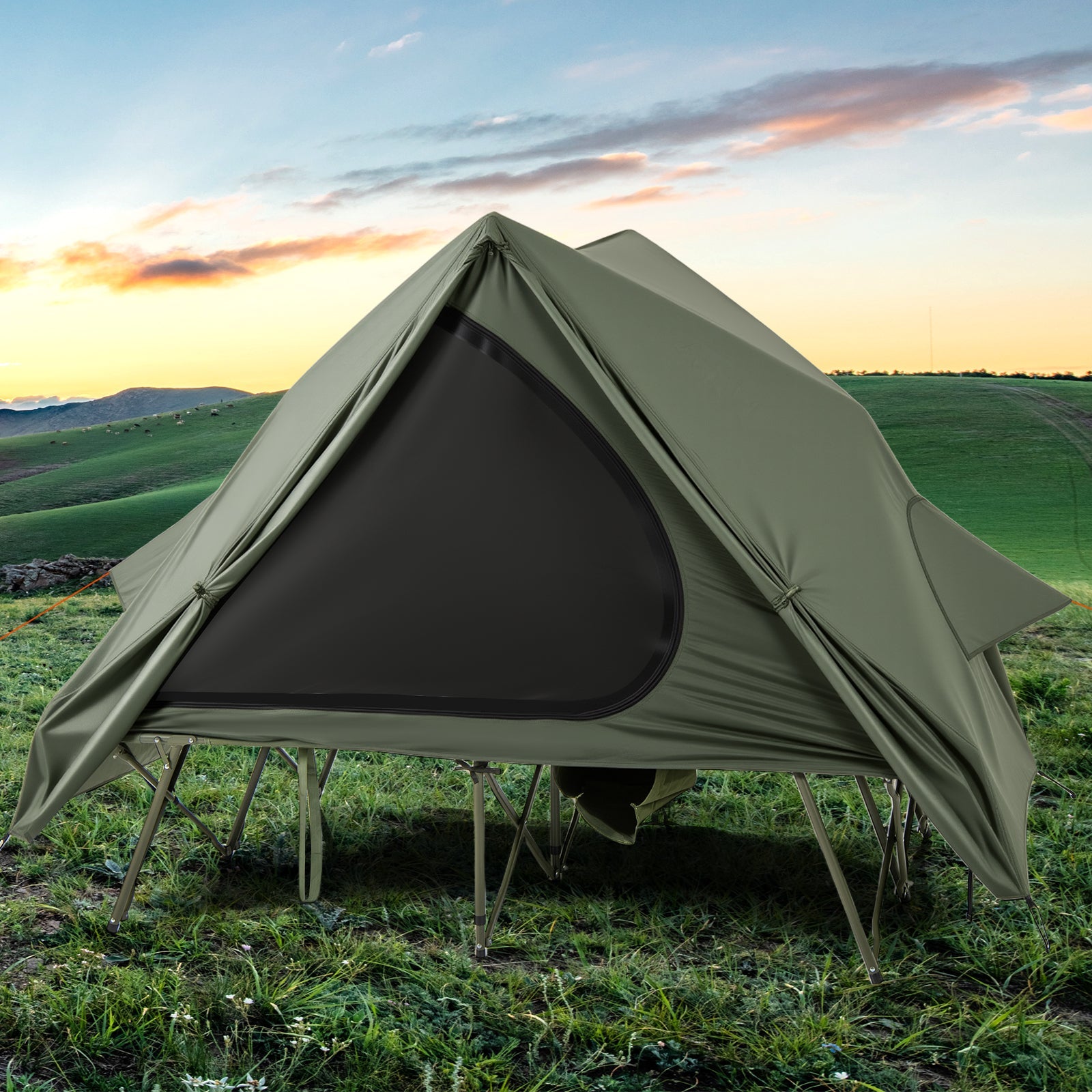 Foldable 2-Person Camping Cot Tent with Pop-up Tent and Portable Wheeled Bag-Green