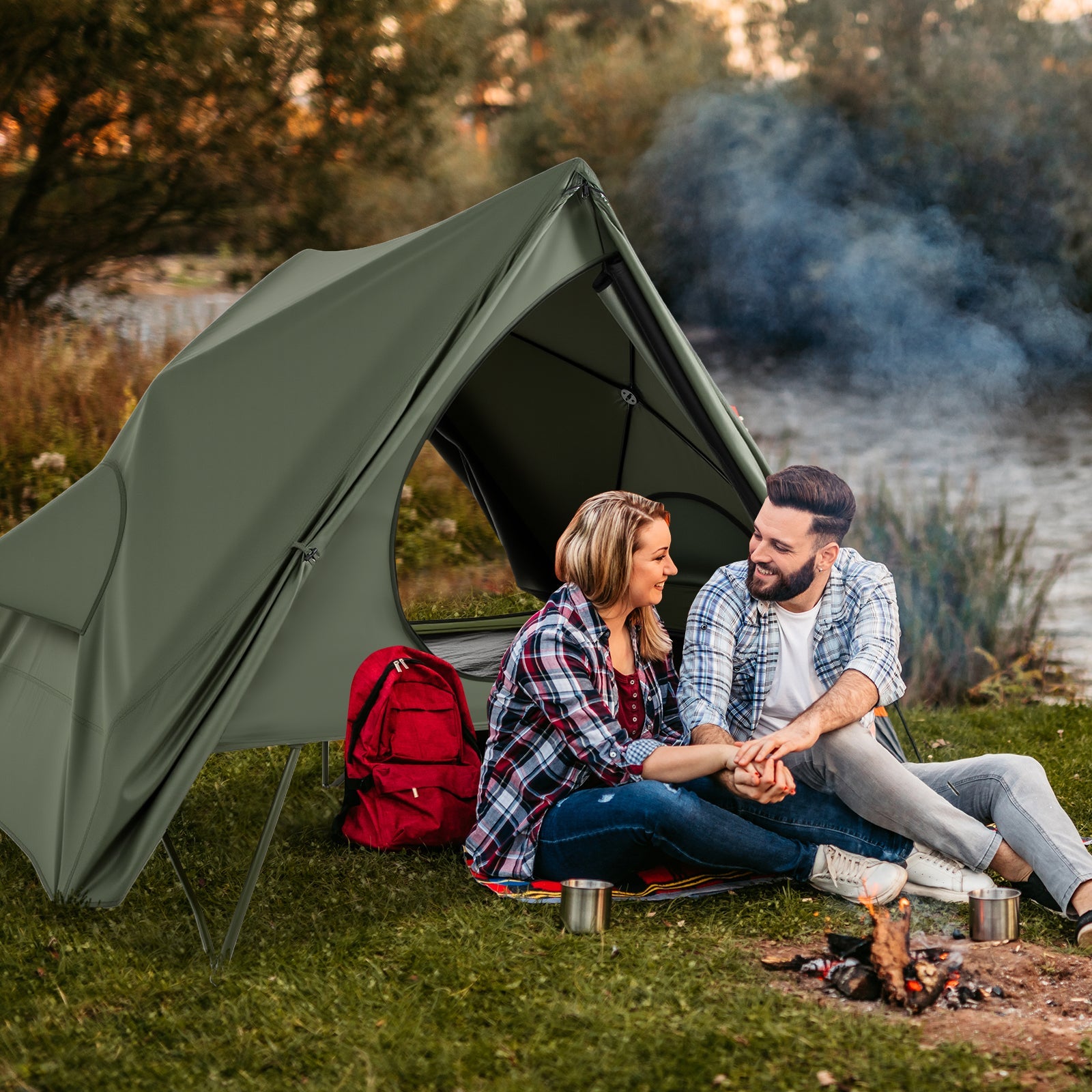 Foldable 2-Person Camping Cot Tent with Pop-up Tent and Portable Wheeled Bag-Green