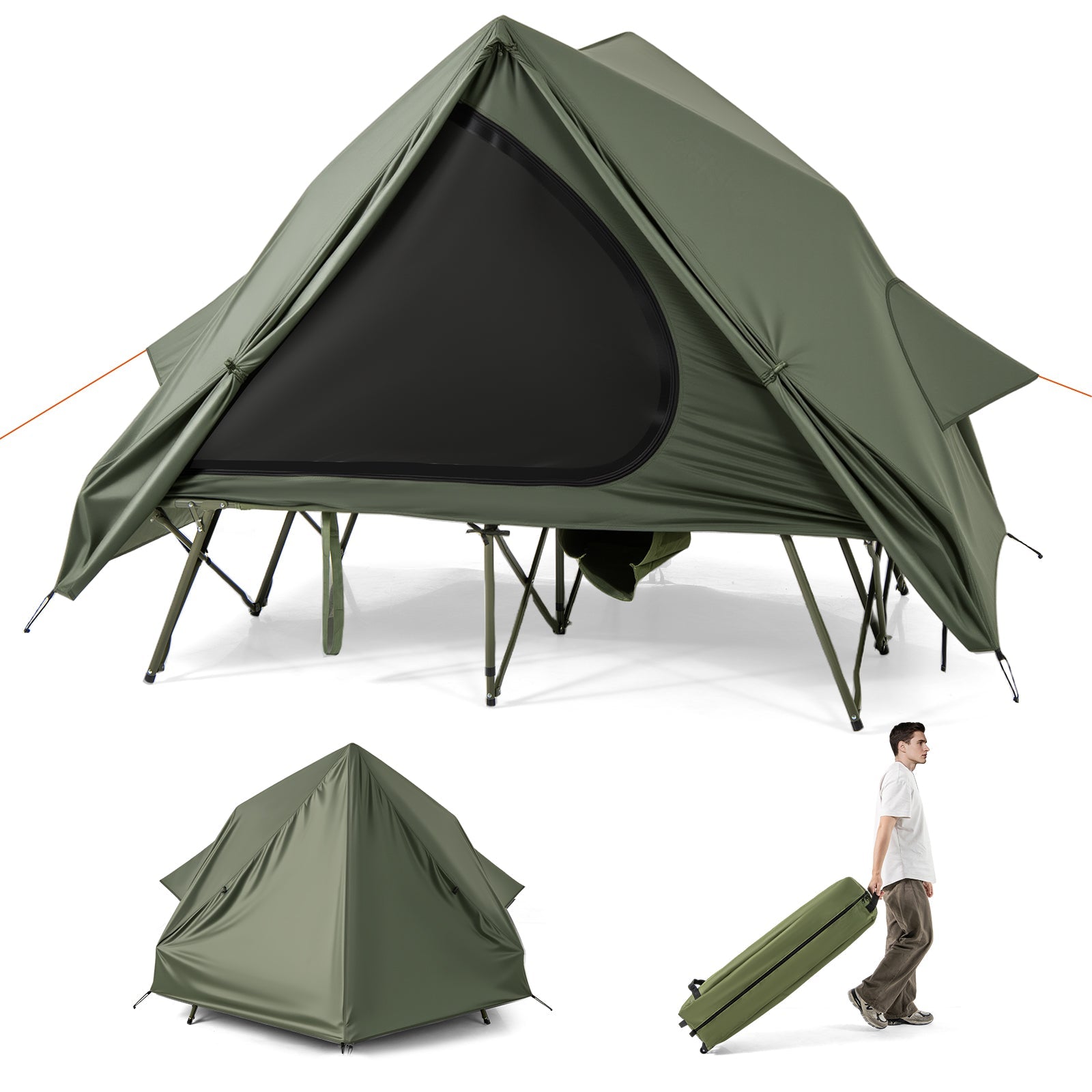 Foldable 2-Person Camping Cot Tent with Pop-up Tent and Portable Wheeled Bag-Green