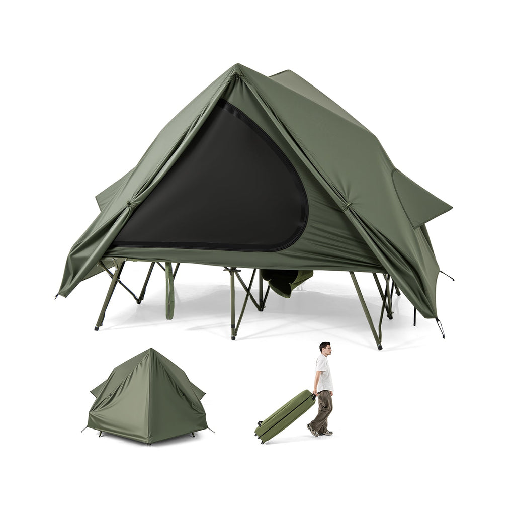 Foldable 2-Person Camping Cot Tent with Pop-up Tent and Portable Wheeled Bag-Green