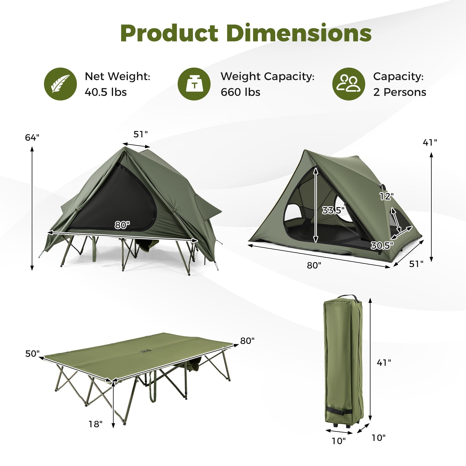 Foldable 2-Person Camping Cot Tent with Pop-up Tent and Portable Wheeled Bag-Green