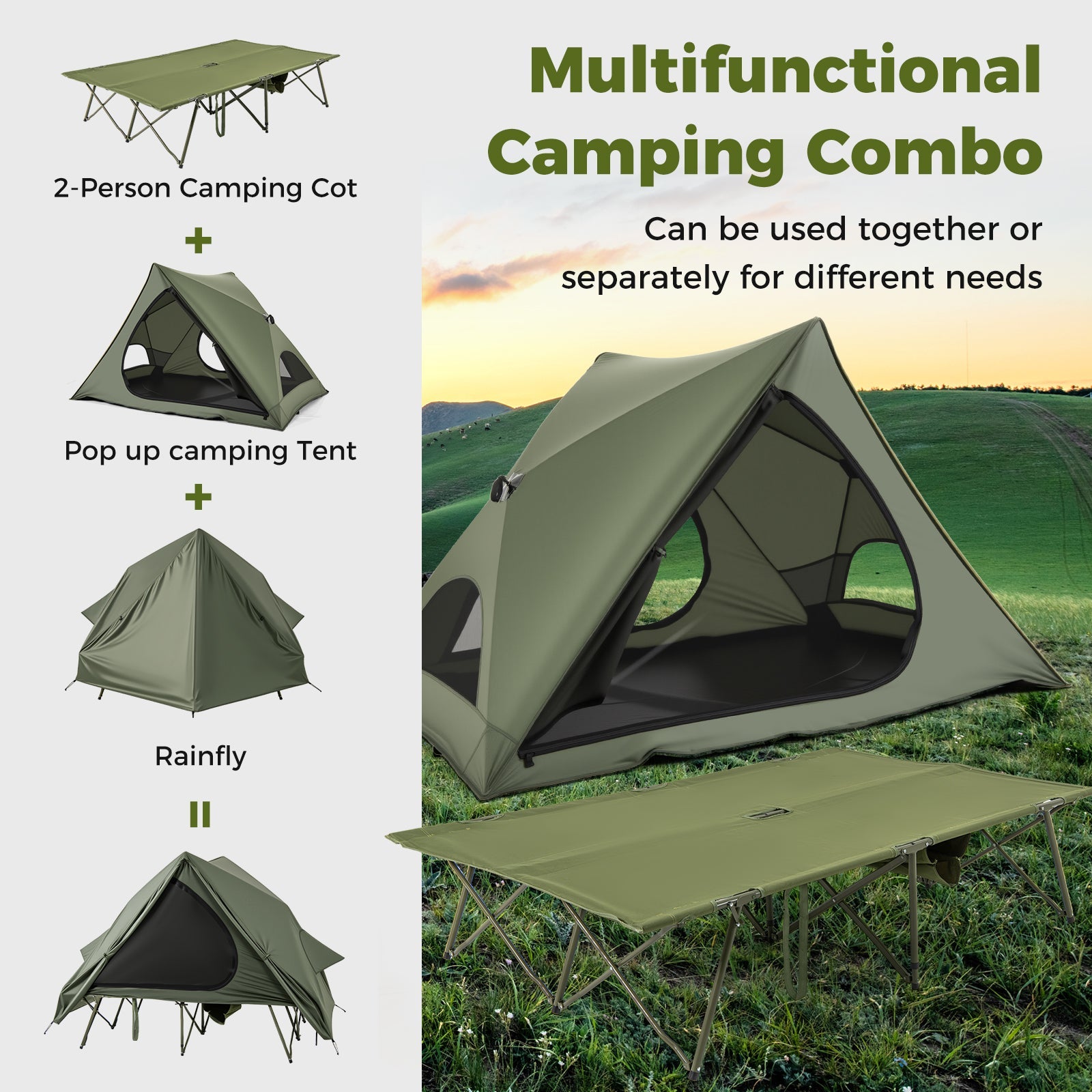 Foldable 2-Person Camping Cot Tent with Pop-up Tent and Portable Wheeled Bag-Green