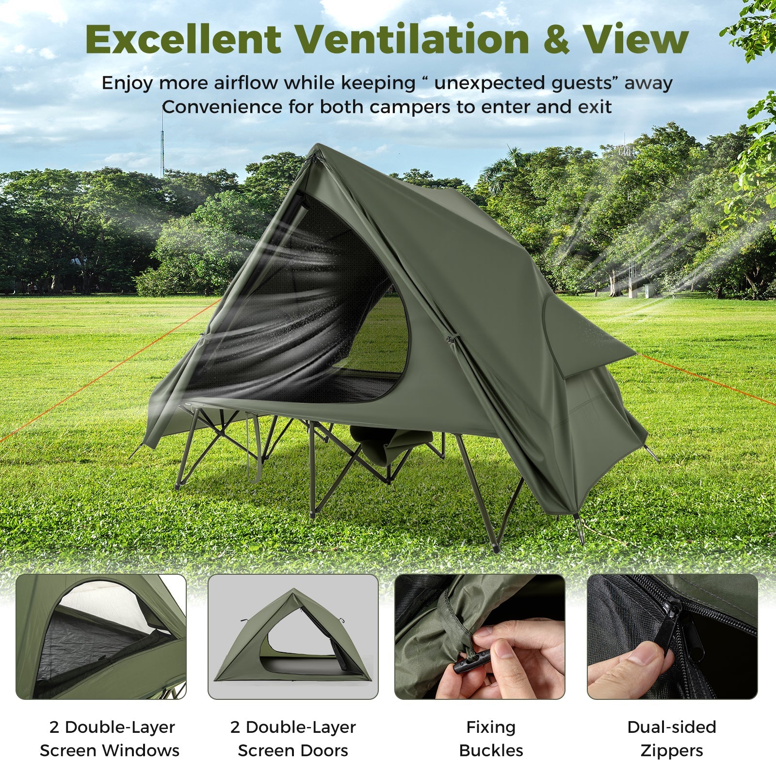 Foldable 2-Person Camping Cot Tent with Pop-up Tent and Portable Wheeled Bag-Green