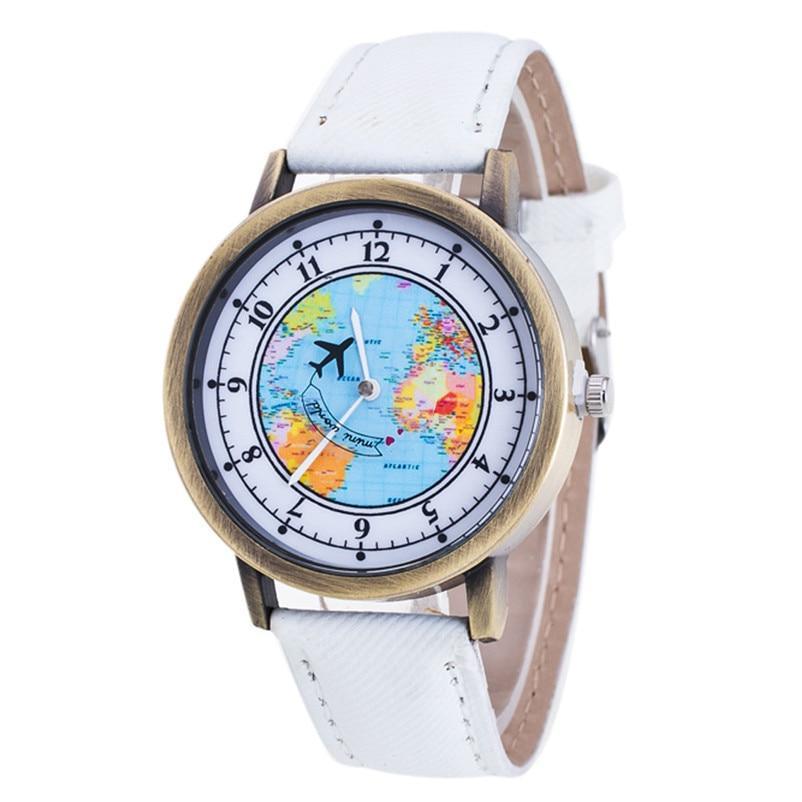 Fashion Casual Watches Women Casual Wristwatch Personality World Map With Airplane Pattern Cowboy Band Quartz Watch For Woman  and Girls