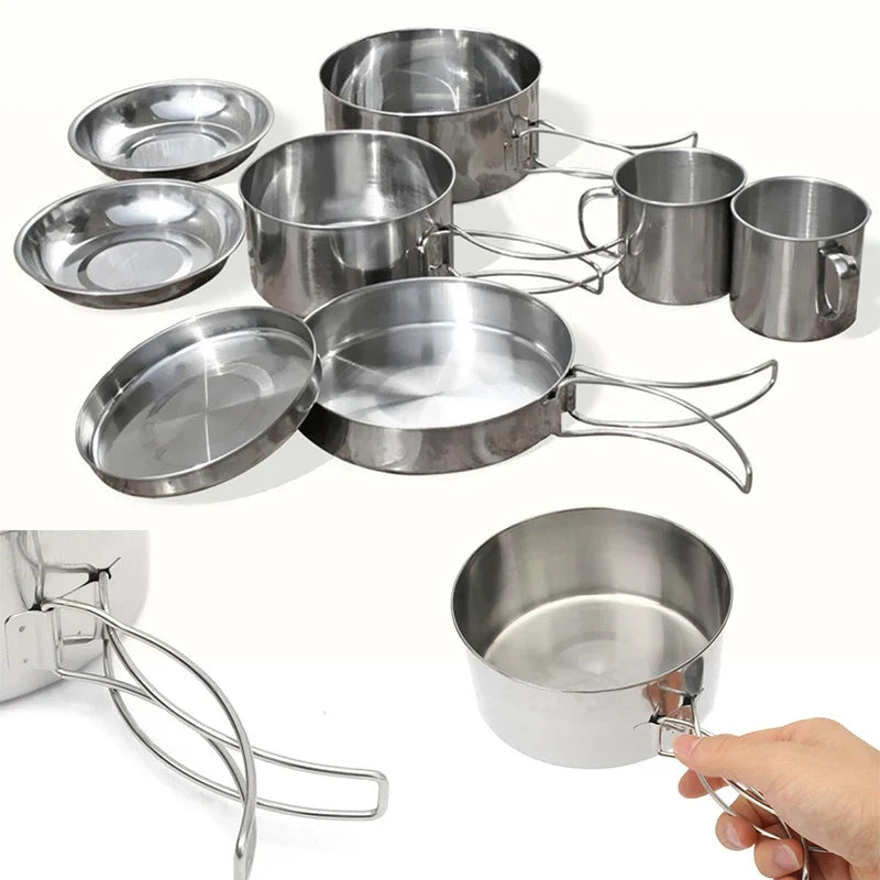 Stainless Steel Outdoor Camping Pot Pan Kit Camping Backpacking Hiking Cookware Set