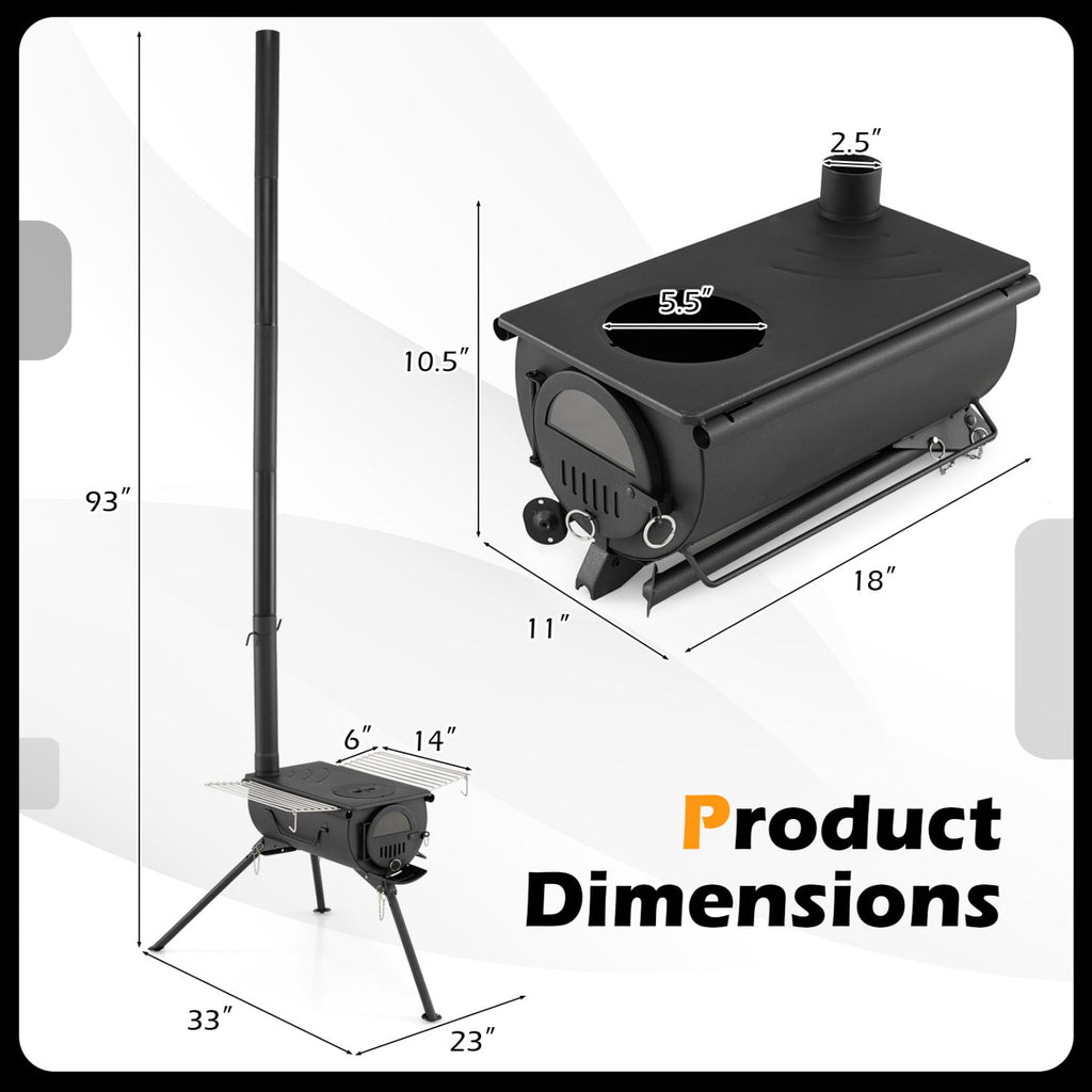 Hot Tent Stove with Chimney Pipes and Foldable Legs for Outdoor Heating