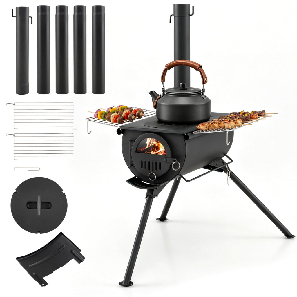 Hot Tent Stove with Chimney Pipes and Foldable Legs for Outdoor Heating