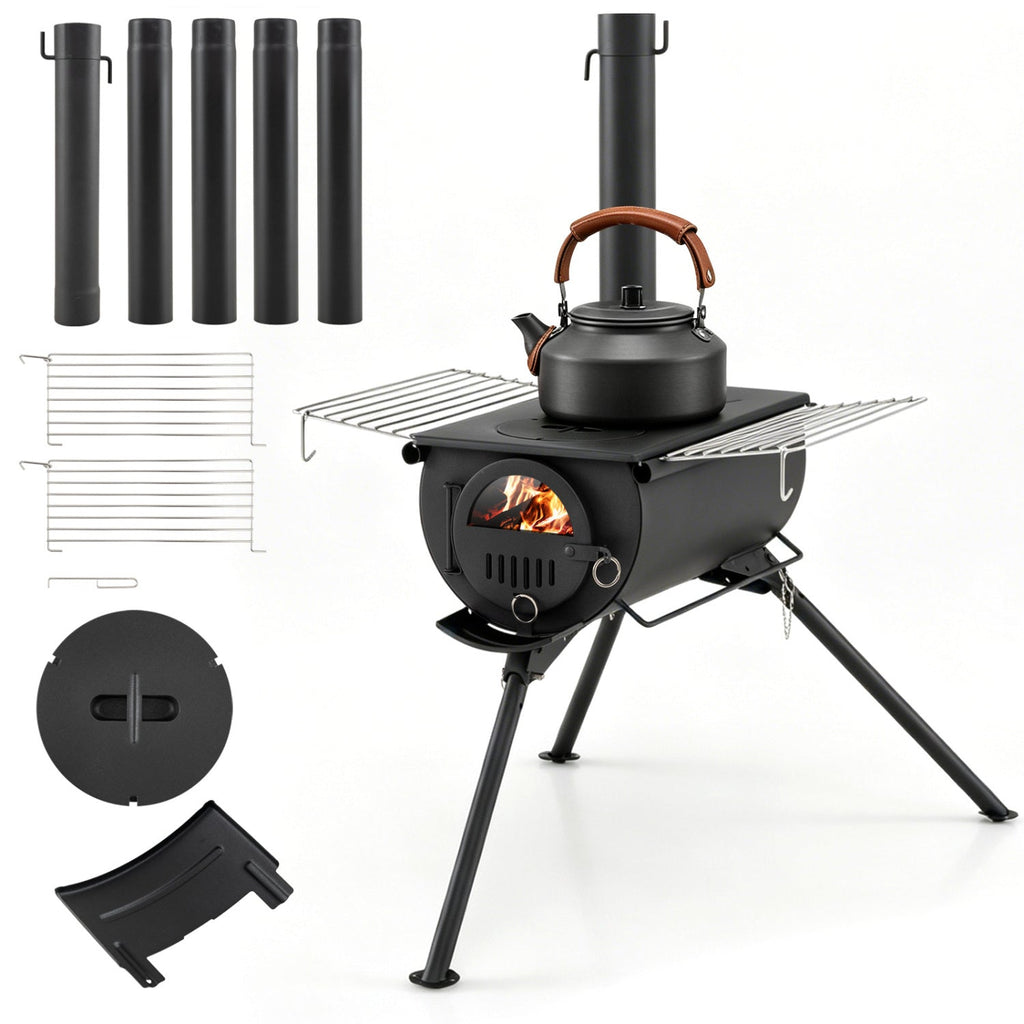 Hot Tent Stove with Chimney Pipes and Foldable Legs for Outdoor Heating