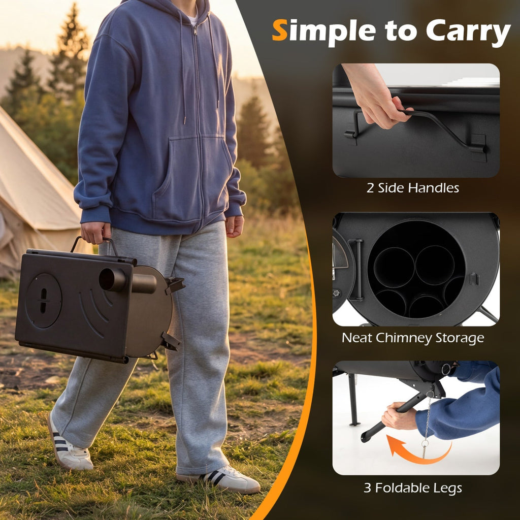 Hot Tent Stove with Chimney Pipes and Foldable Legs for Outdoor Heating