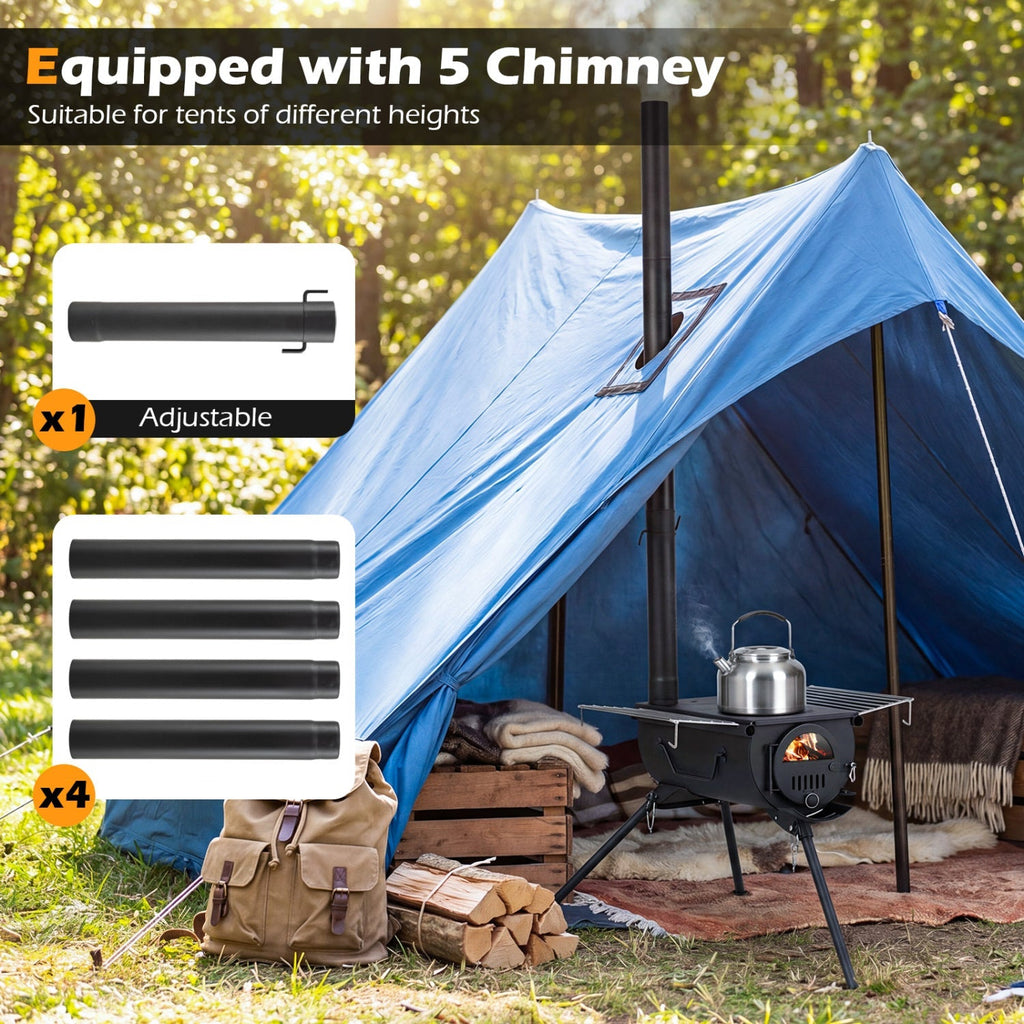 Hot Tent Stove with Chimney Pipes and Foldable Legs for Outdoor Heating