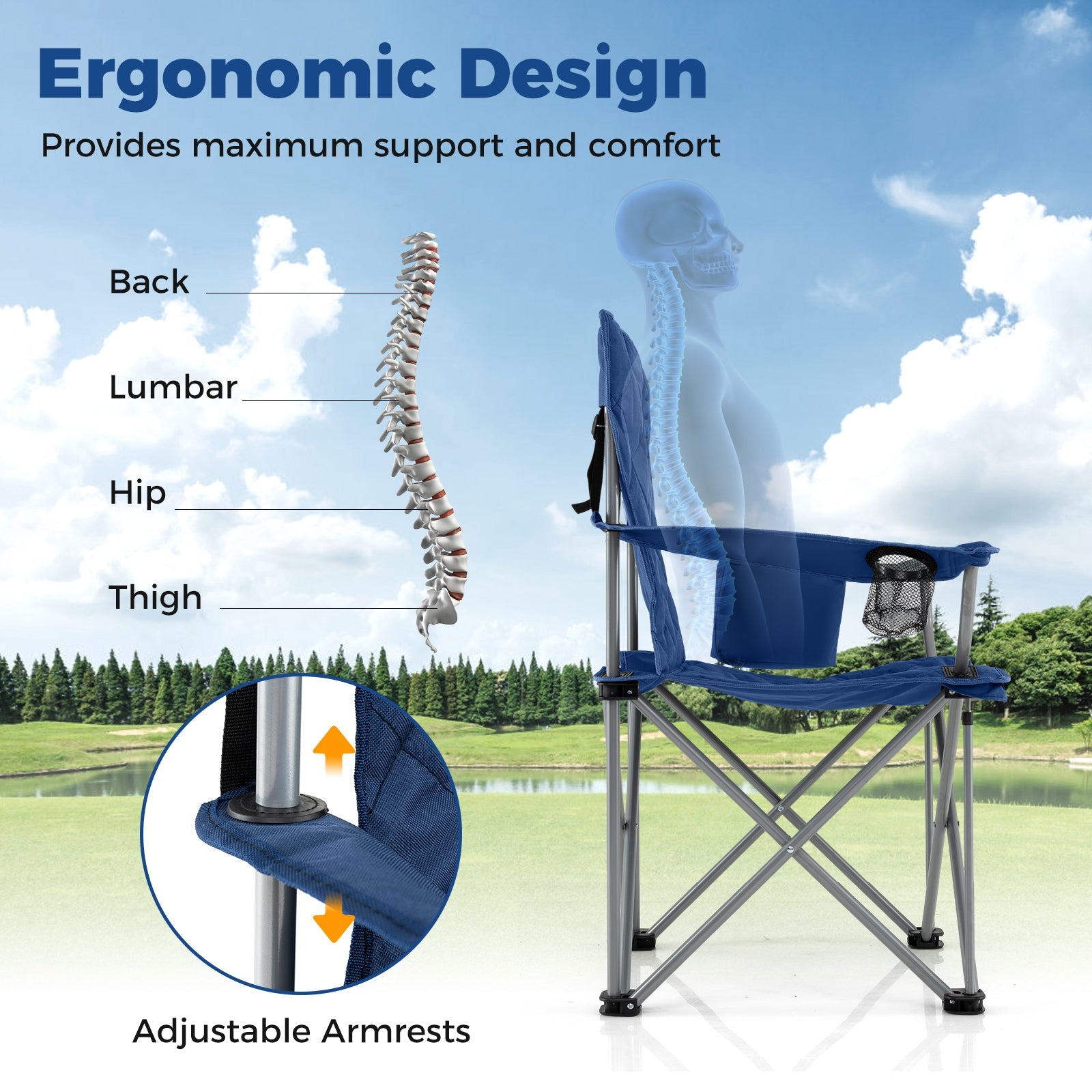 Oversized Camping Chairs Outdoor Folding Chair with Cooler Pouch and Cup Holder