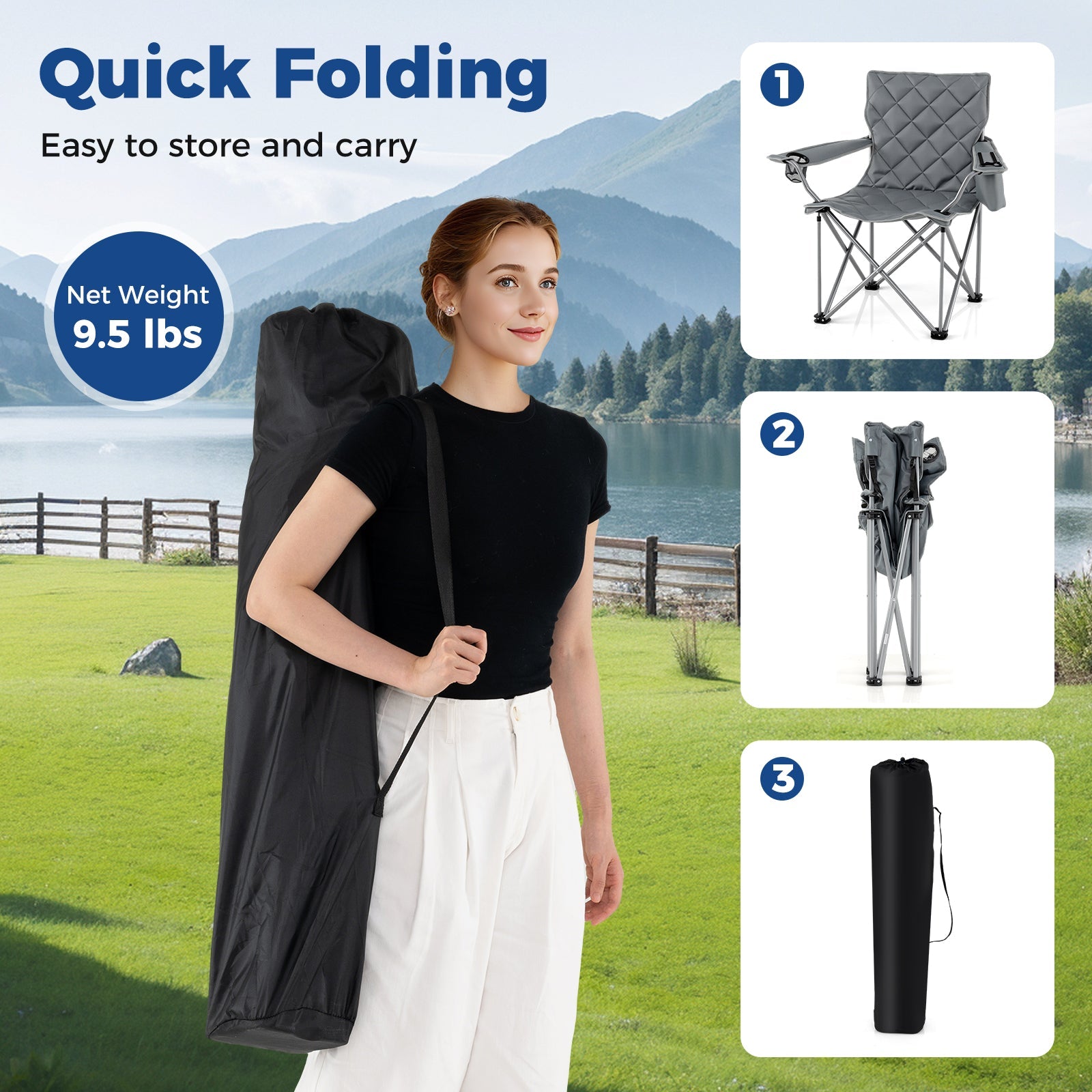 Oversized Camping Chairs Outdoor Folding Chair with Cooler Pouch and Cup Holder