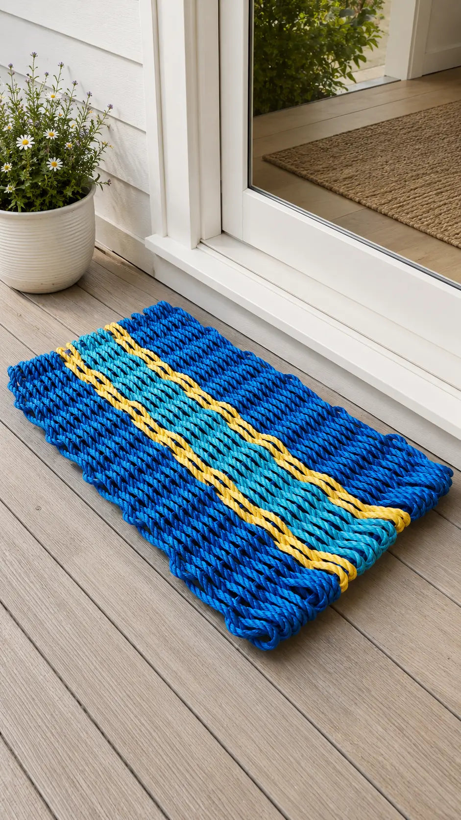 Rope Mat made with Lobster Rope, Two Tone Blue, Yellow accent