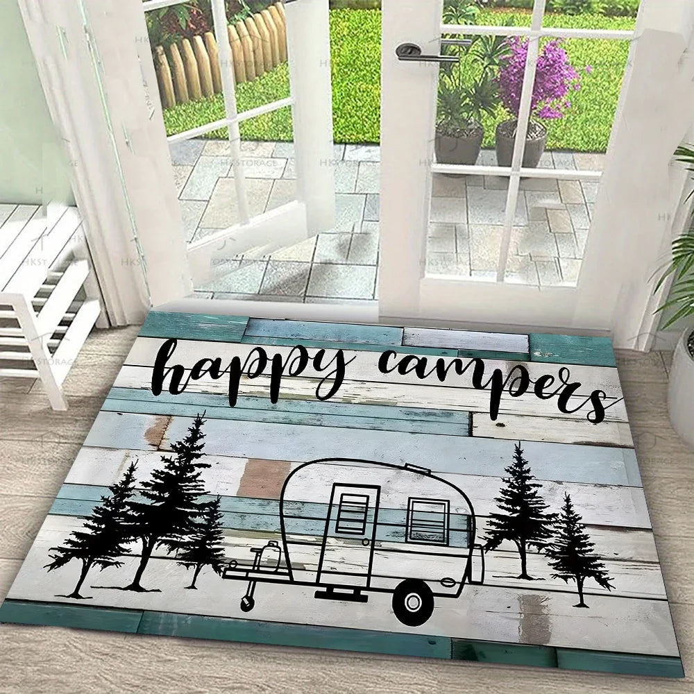 RV Camping Printed Carpet Happy Campers Decorate Door Mats Kitchen Bedroom Living Room Porch Entrance Non Slip Rug