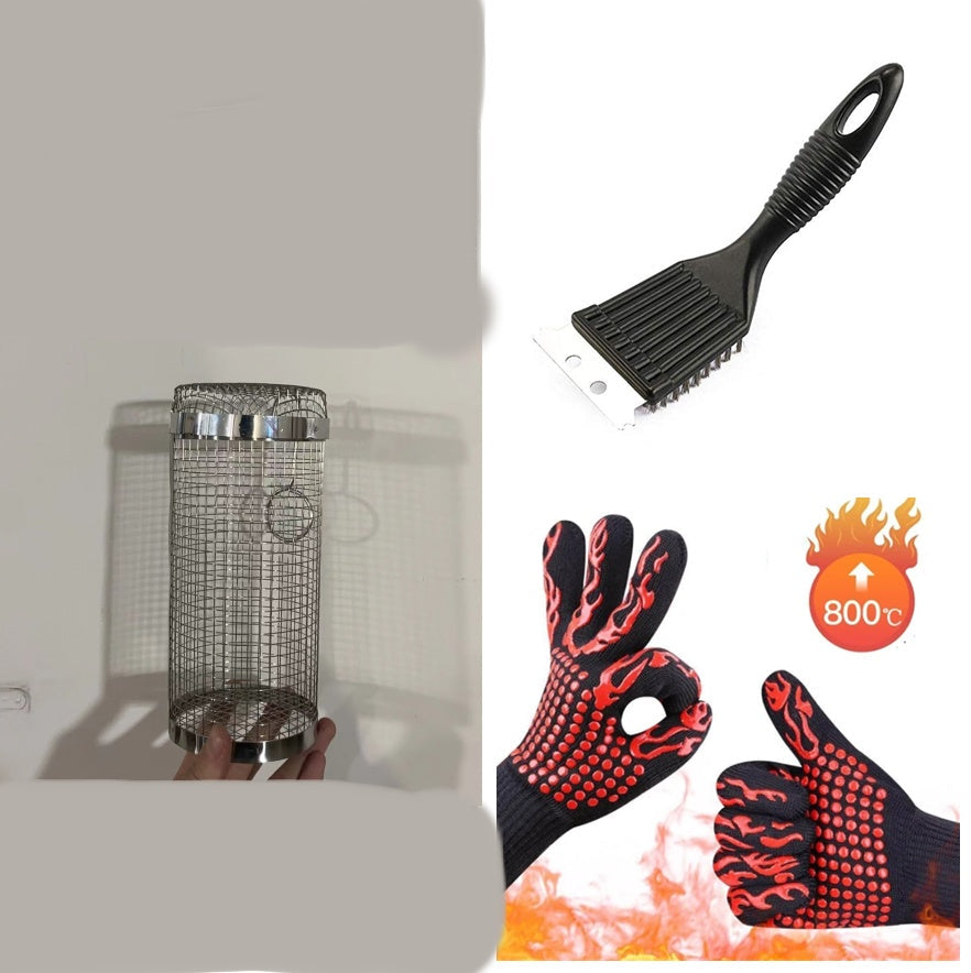 Rolling Grilling Basket Metal BBQ Barbecue Basket Outdoor Camping Barbecue Rack