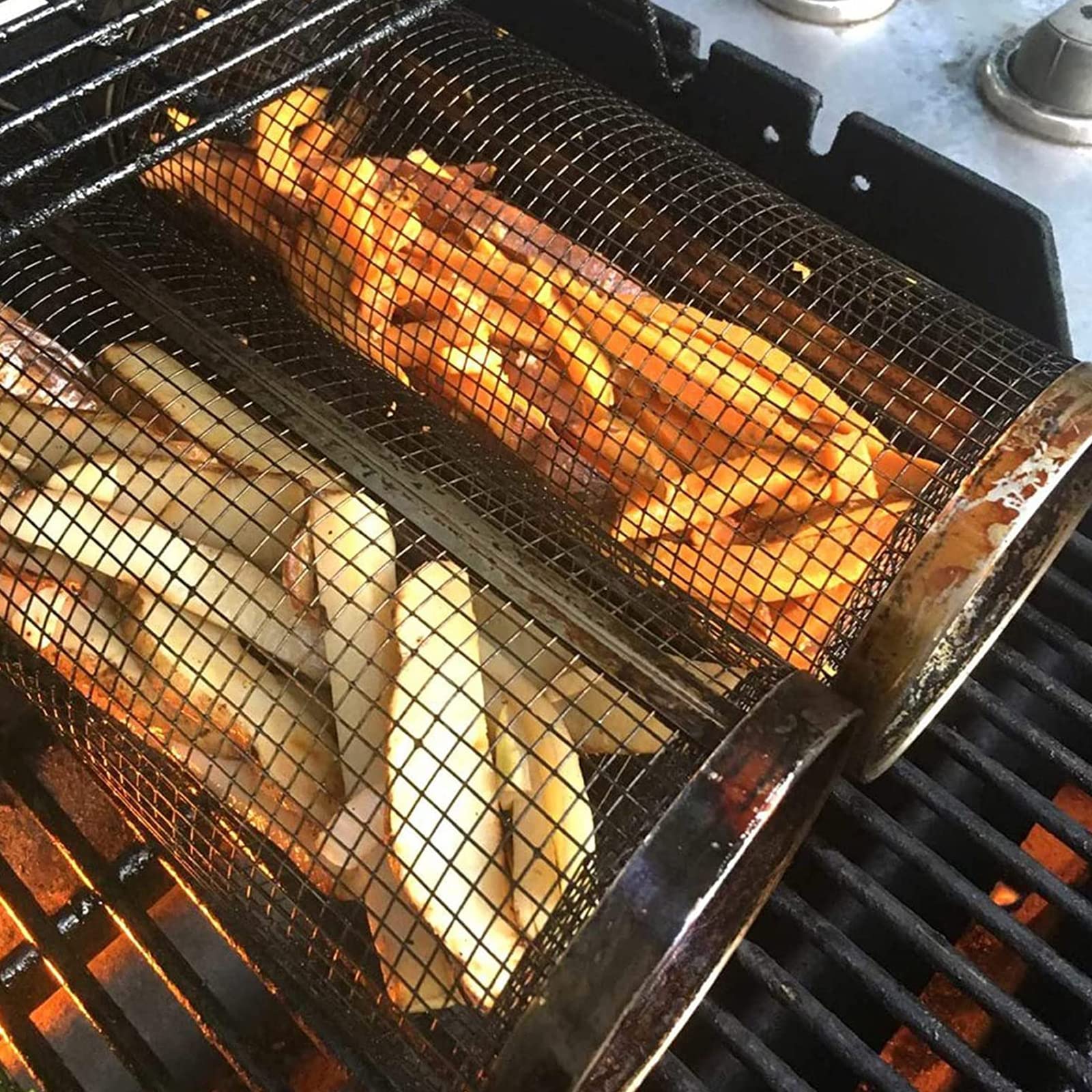 Rolling Grilling Basket Metal BBQ Barbecue Basket Outdoor Camping Barbecue Rack