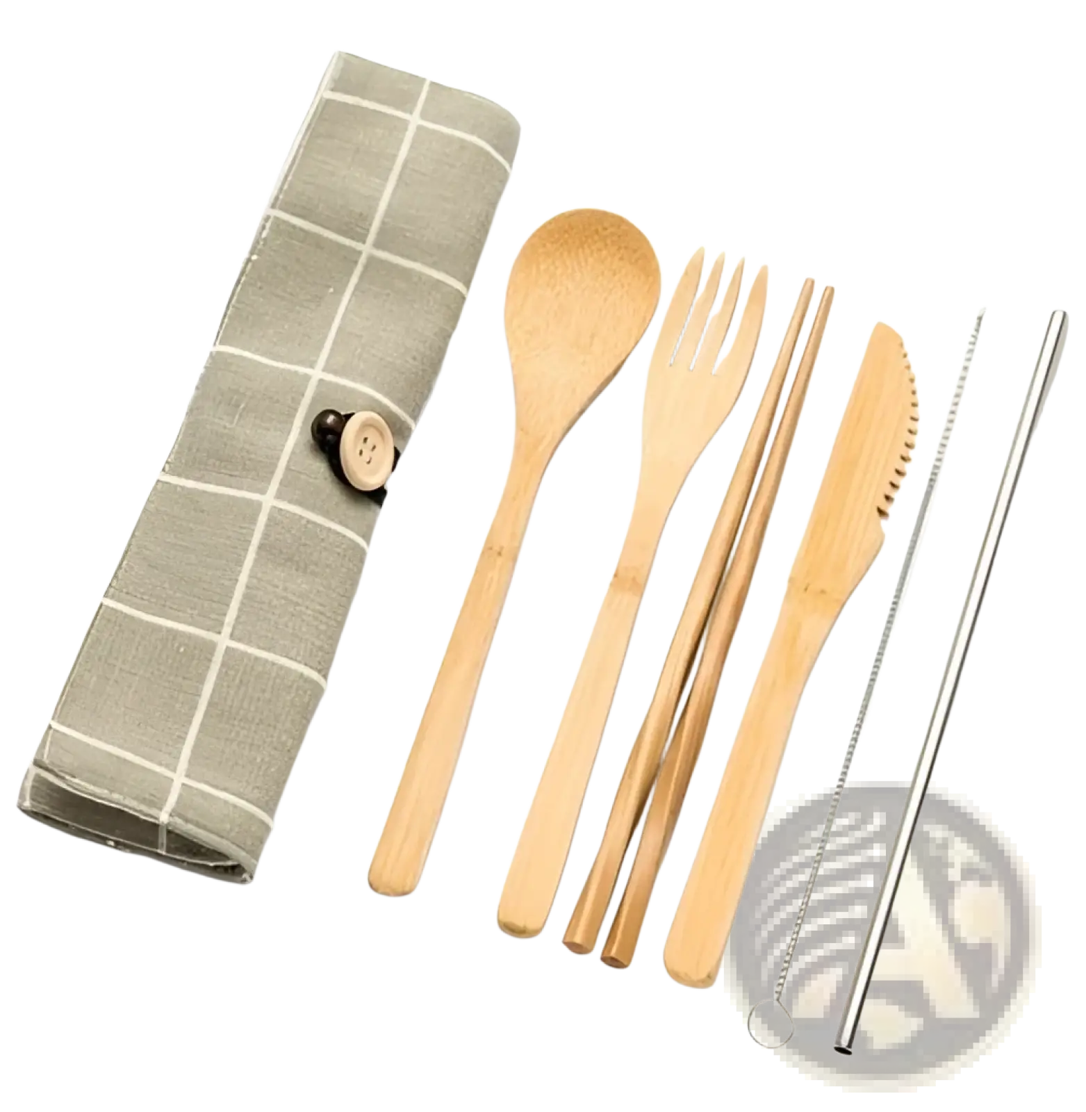 Bamboo Utensil Set with Checkered Travel Roll Case