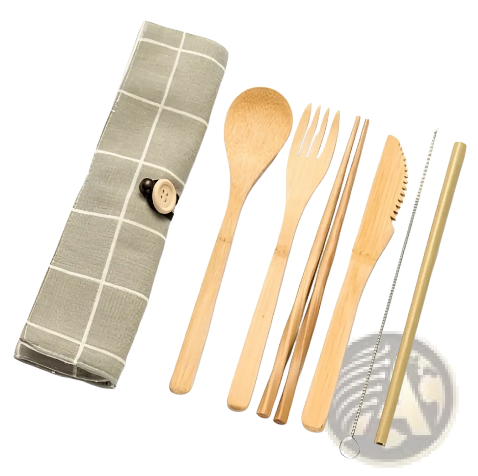 Bamboo Utensil Set with Checkered Travel Roll Case