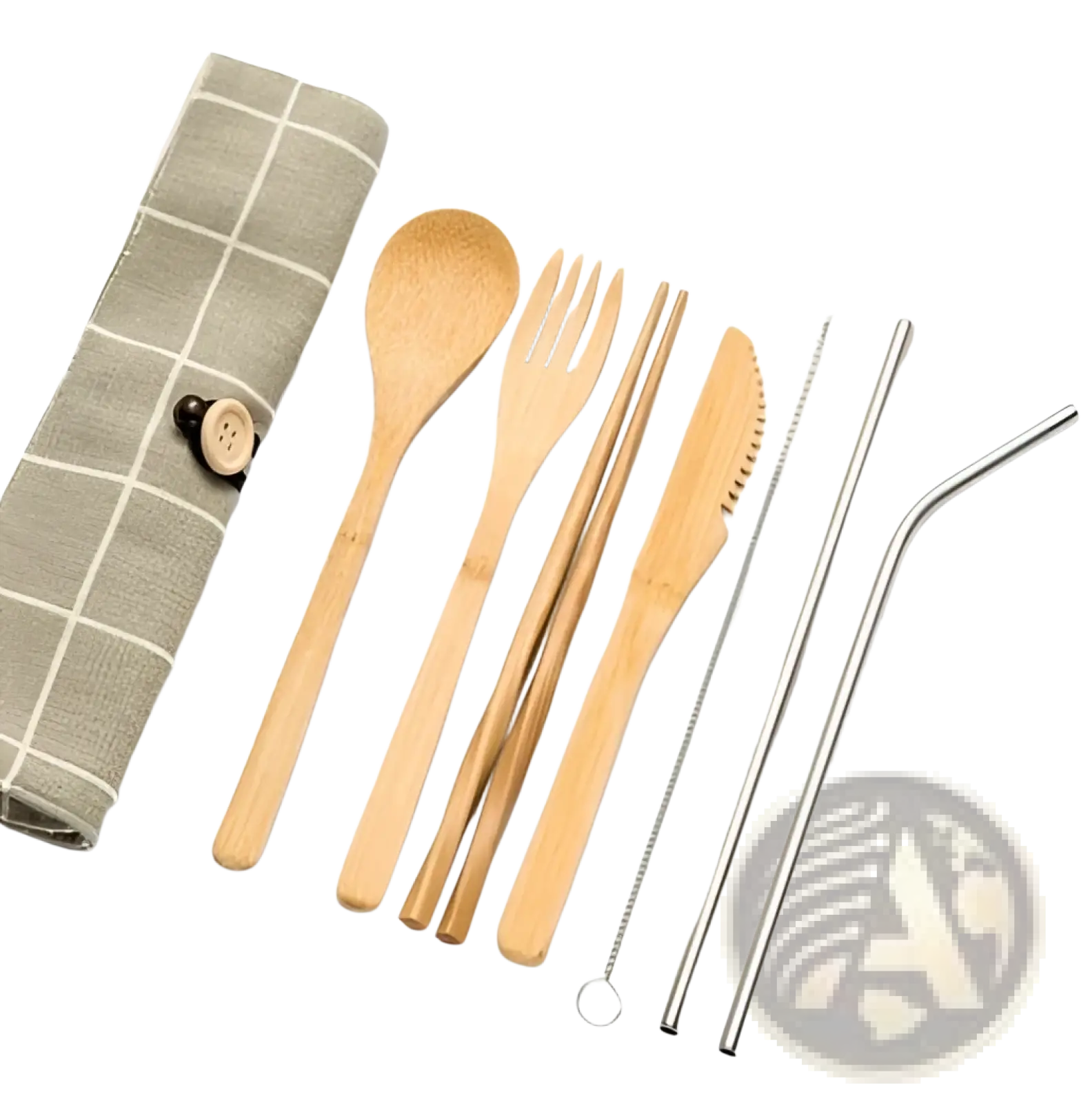 Bamboo Utensil Set with Checkered Travel Roll Case