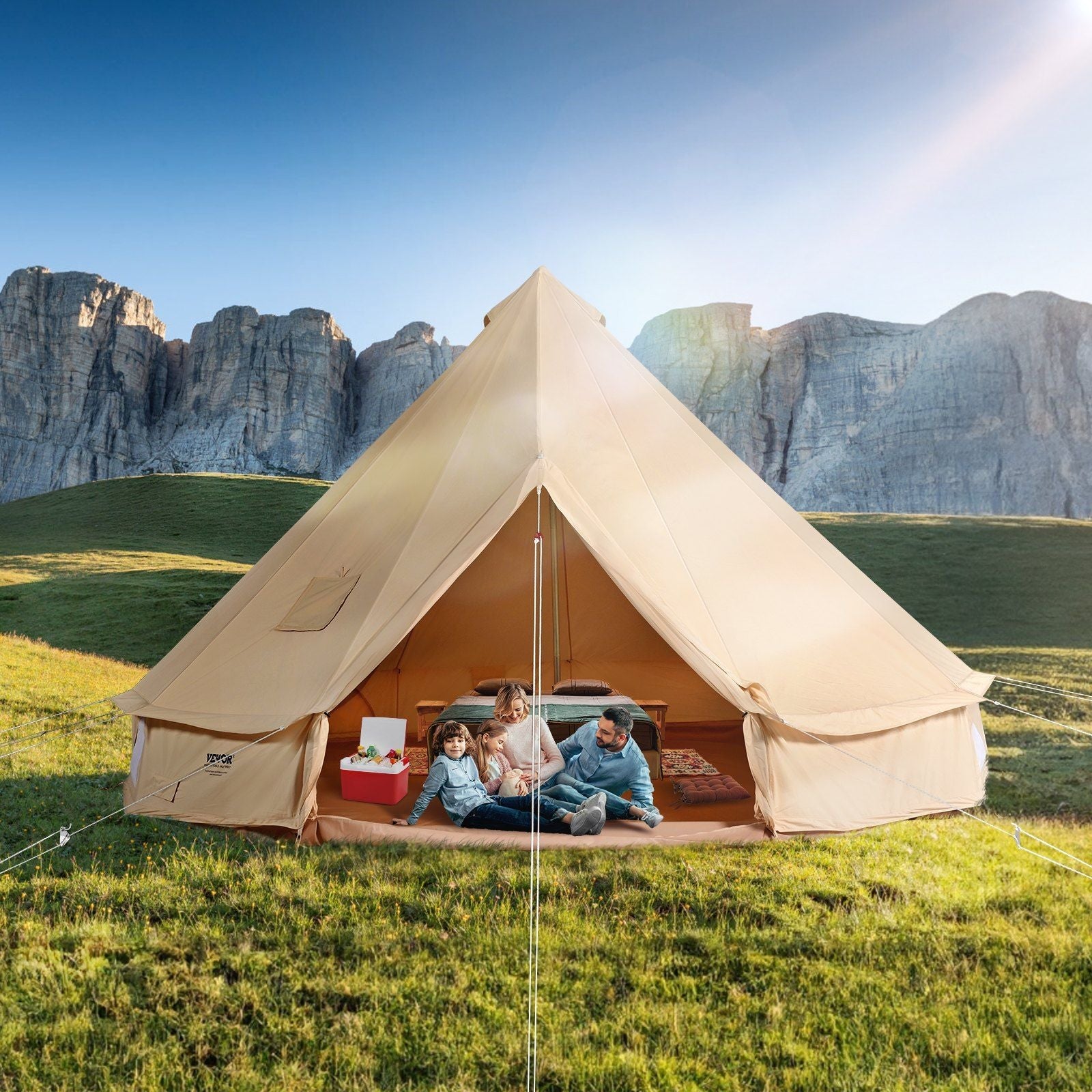 12 Person Canvas Glamping Bell Tent, Breathable Waterproof Large Yurt Tent with Stove Jack and Detachable Side Wall for Family Camping, 23'x23'x137"(Diameter 7M)