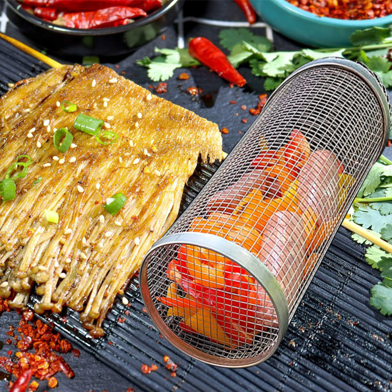 Rolling Grilling Basket Metal BBQ Barbecue Basket Outdoor Camping Barbecue Rack
