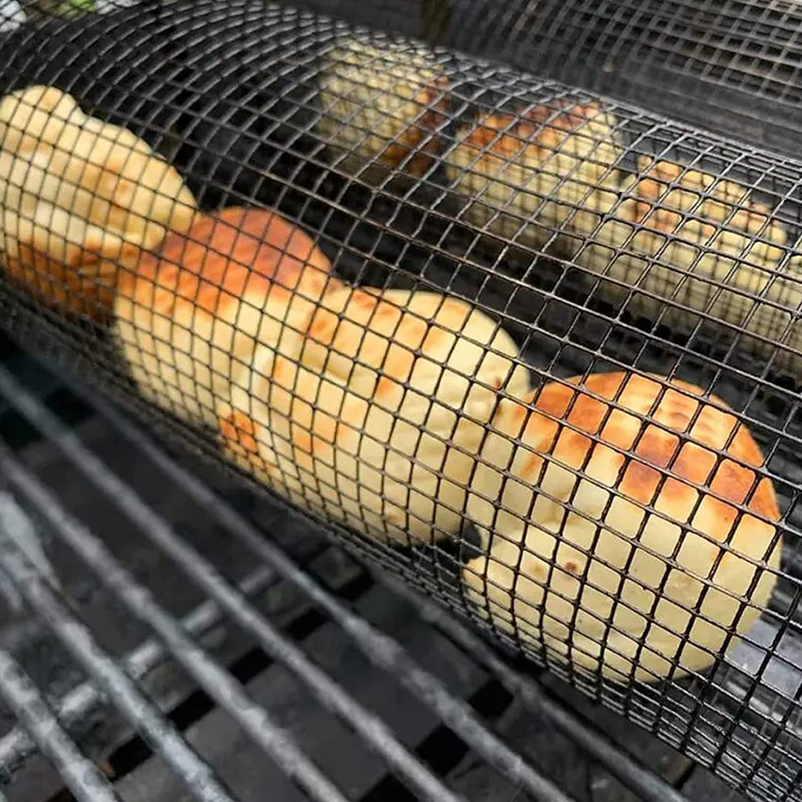 Rolling Grilling Basket Metal BBQ Barbecue Basket Outdoor Camping Barbecue Rack