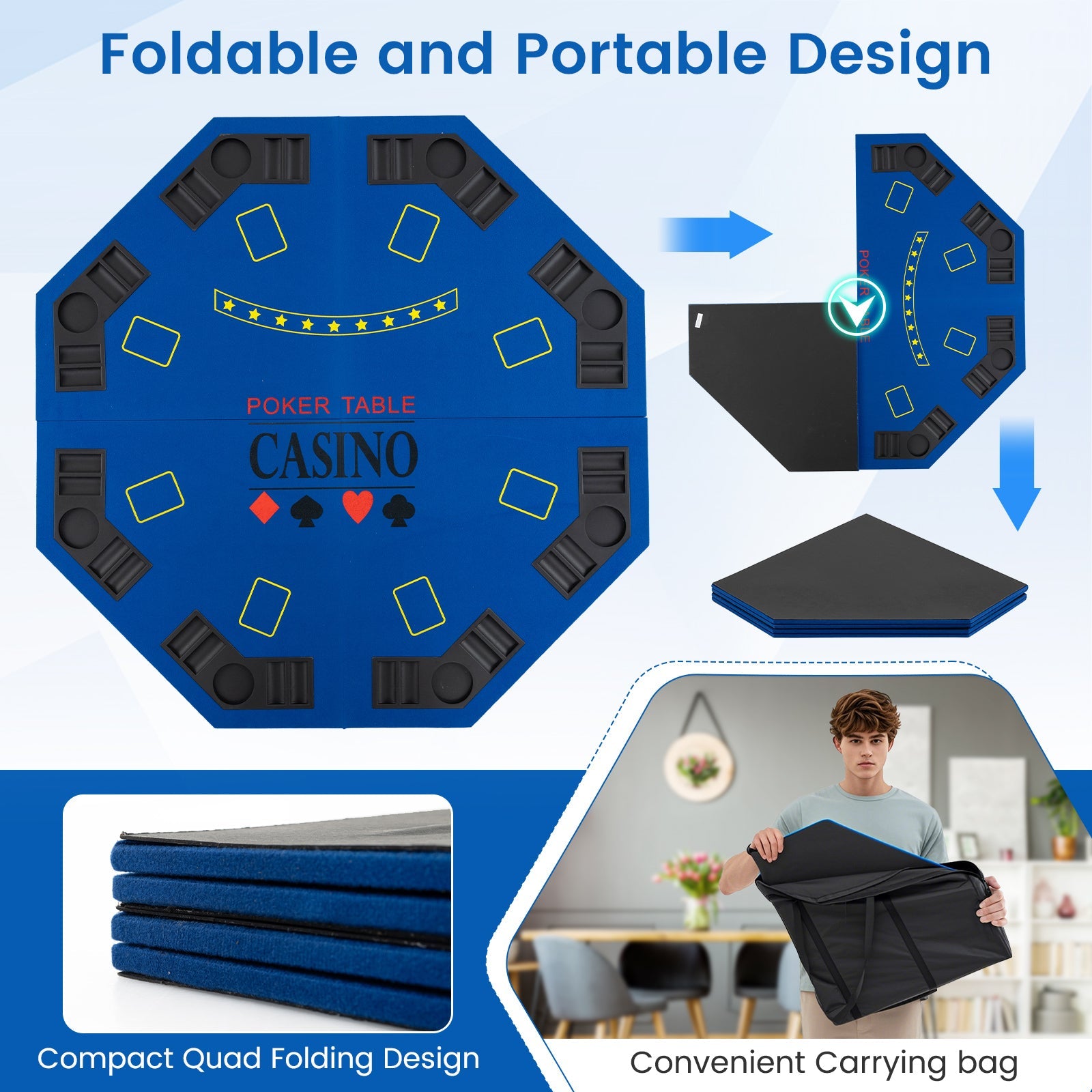 8-Player Foldable Poker Table Top with Carrying Bag-Blue